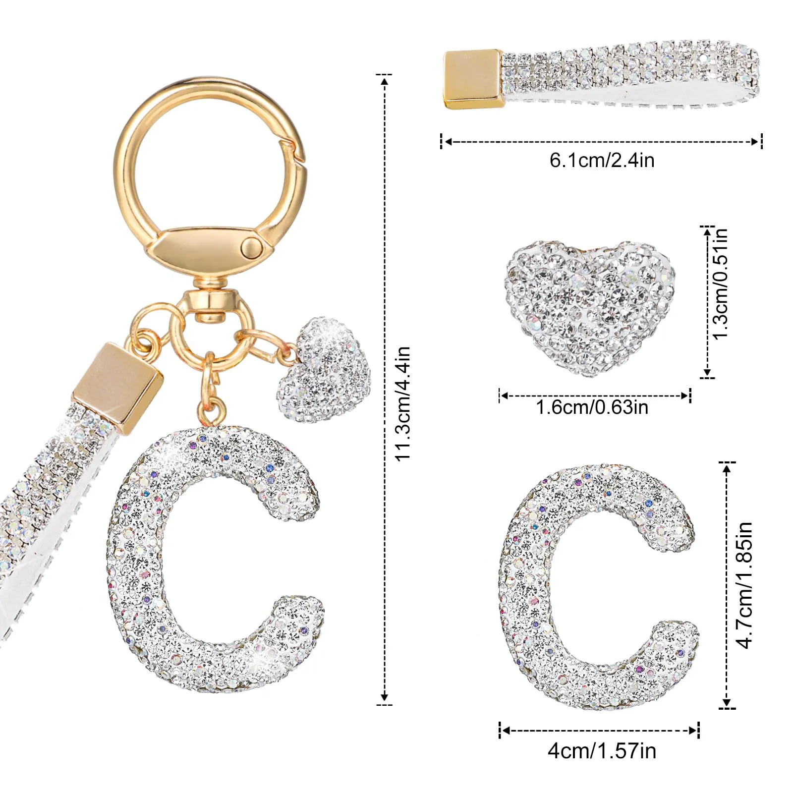 MWOOT Portachiavi a forma di lettera con strass, portachiavi Silvery con nome Cute Car Keychain, portachiavi per auto, borsa a mano, accessori per compleanno per donna (C) - immagine 3