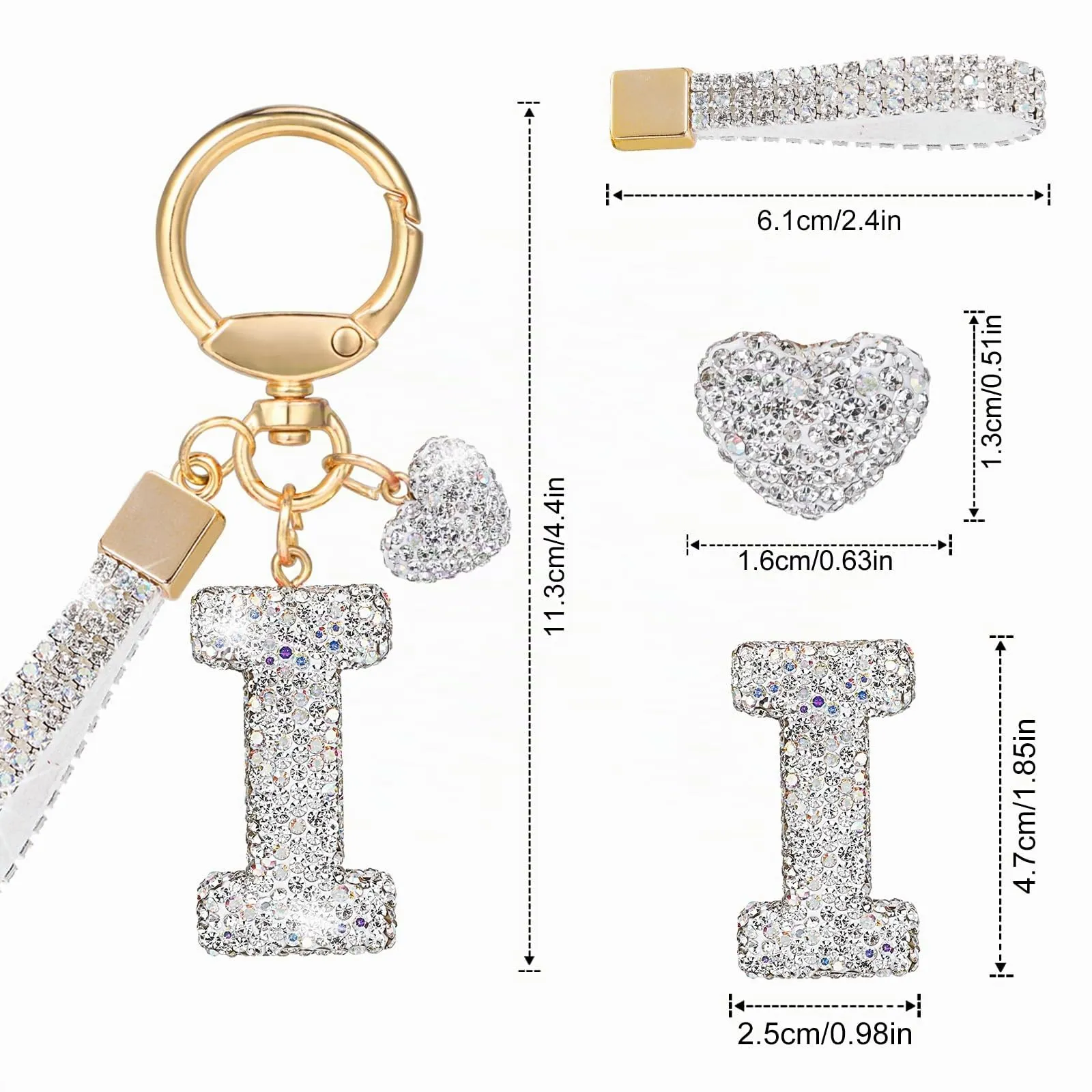 MWOOT Portachiavi con lettera glitterata con strass, portachiavi argentato, portachiavi carino per auto, ciondolo per borsa, accessori, portachiavi per compleanno da donna (I) - immagine 3