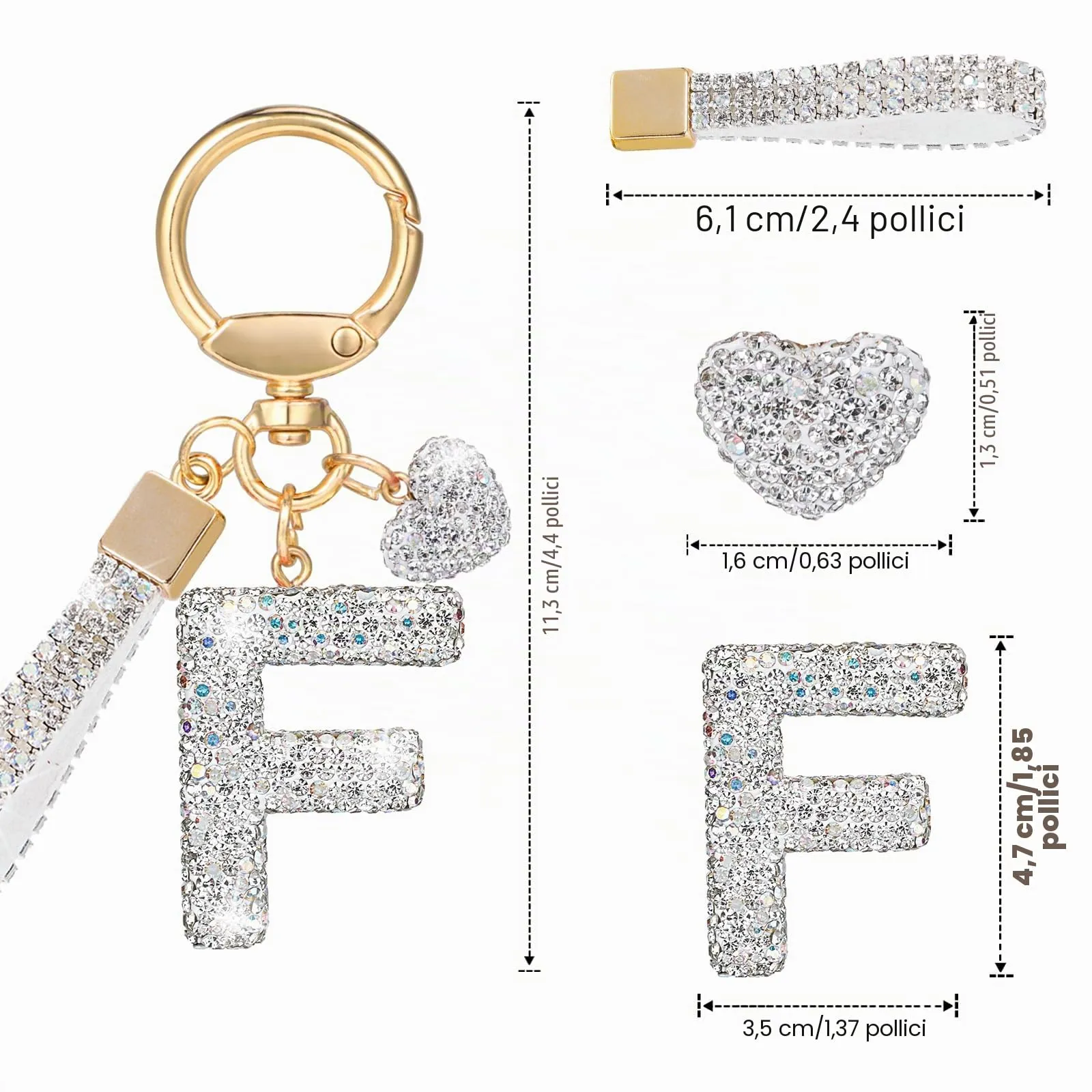 MWOOT Portachiavi a forma di lettera con strass, portachiavi Silvery con nome Cute Car Keychain, portachiavi per auto, borsa a mano, accessori per compleanno per donna (F) - immagine 3