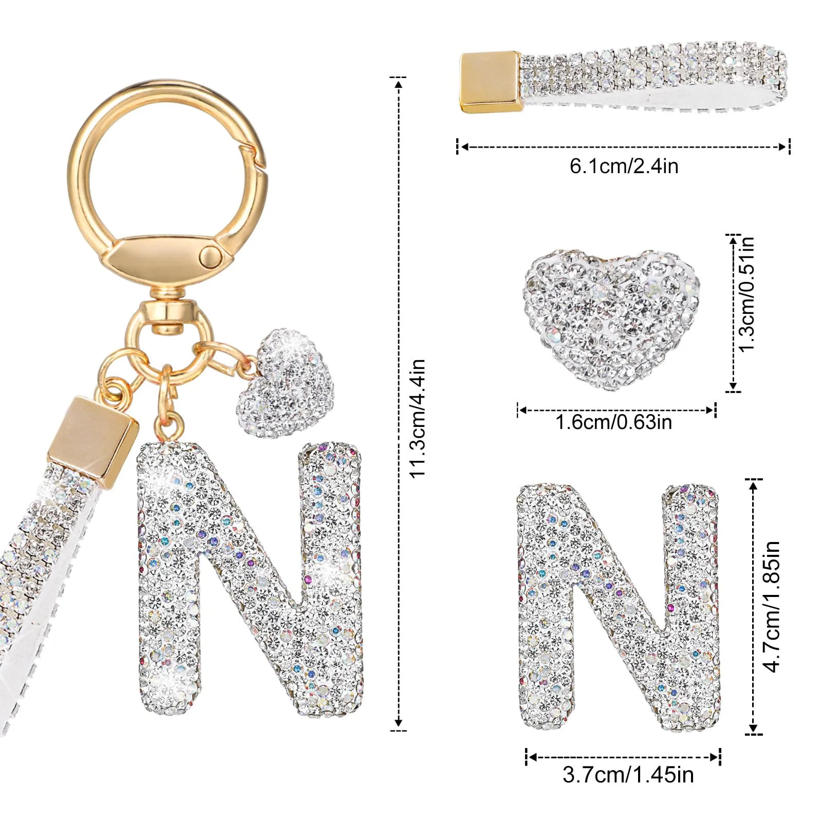 MWOOT Portachiavi a forma di lettera con strass, portachiavi Silvery con nome carino per auto, portachiavi per auto, borsa a mano, accessori per il compleanno per donna (N) - immagine 3