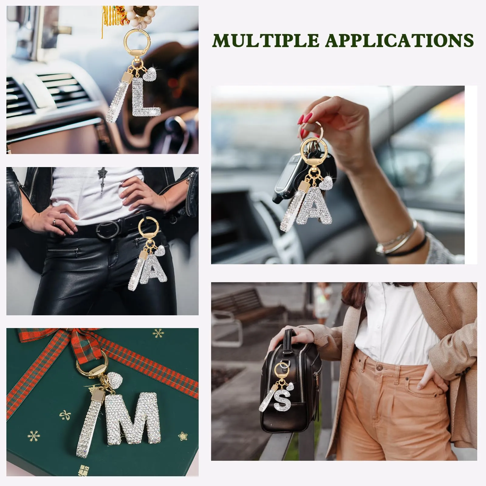 MWOOT Portachiavi a forma di lettera con strass, portachiavi Silvery con nome carino per auto, portachiavi per auto, borsa a mano, accessori per il compleanno per donna (N) - immagine 6