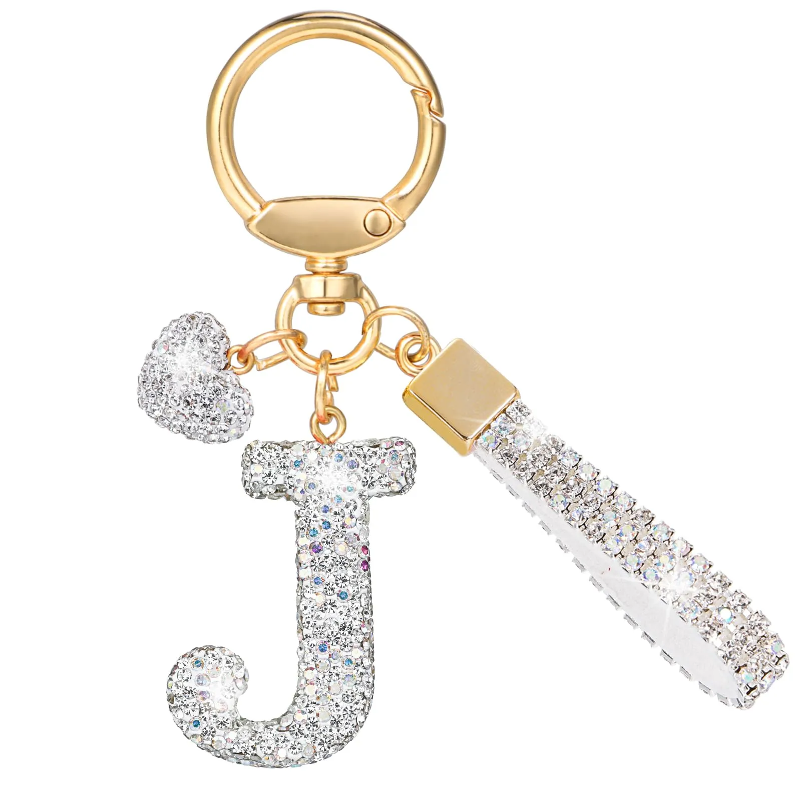 MWOOT Portachiavi a forma di lettera con cristalli, portachiavi carino con nome, anello con iniziale, portachiavi da donna, accessorio per auto, regalo per amici e compleanni (J) - immagine 1