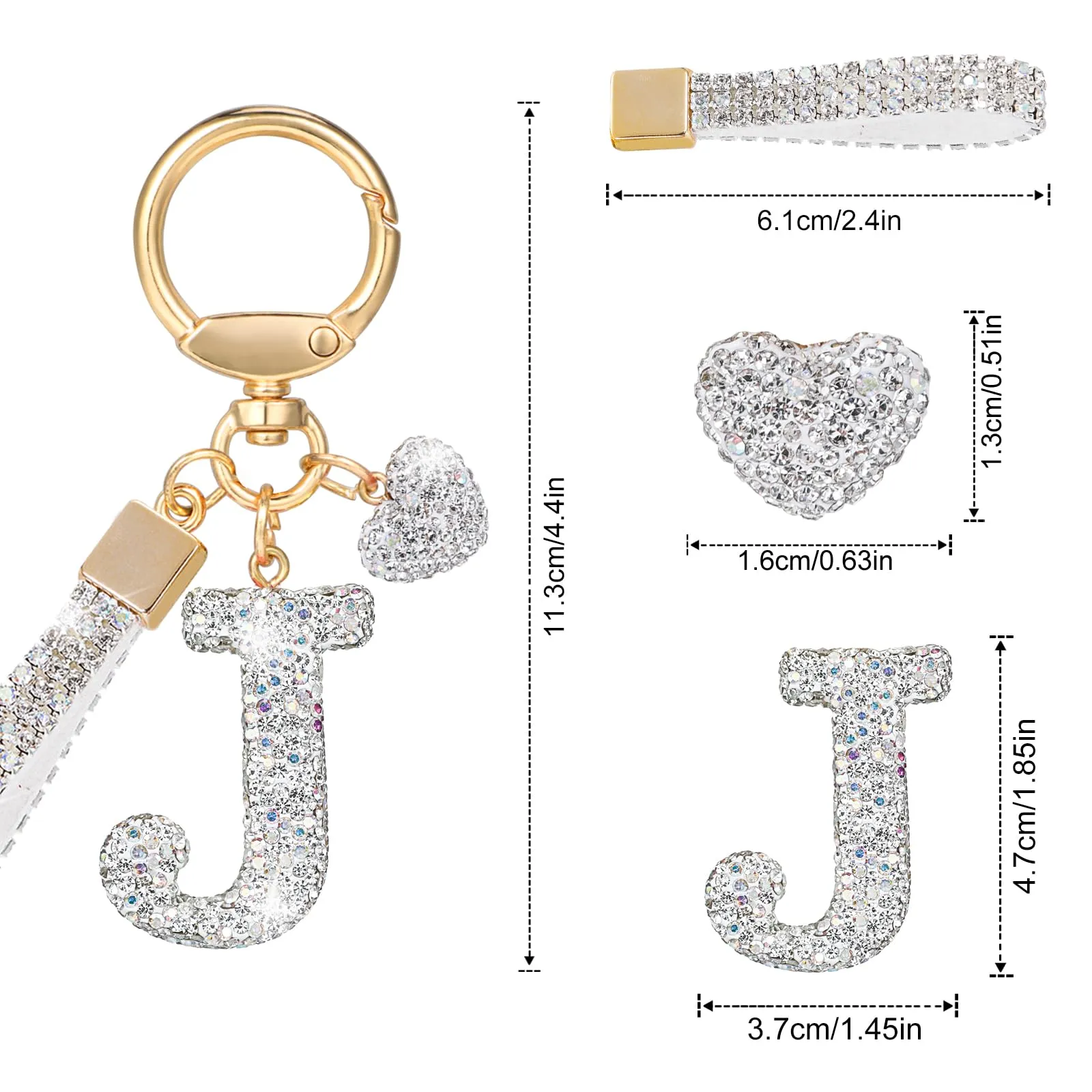 MWOOT Portachiavi a forma di lettera con cristalli, portachiavi carino con nome, anello con iniziale, portachiavi da donna, accessorio per auto, regalo per amici e compleanni (J) - immagine 3