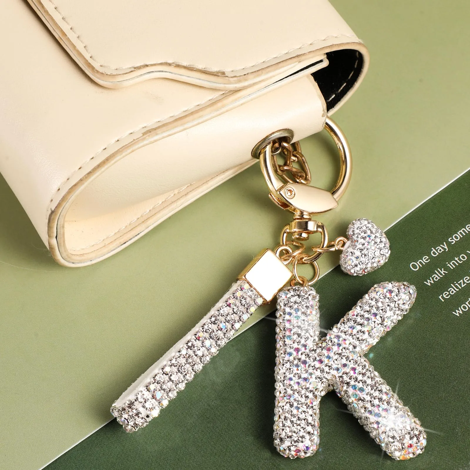MWOOT Portachiavi a forma di lettera con strass, portachiavi Silvery con nome Cute Car Keychain, portachiavi per auto, borsa a mano, accessori per compleanno per donna (K) - immagine 2