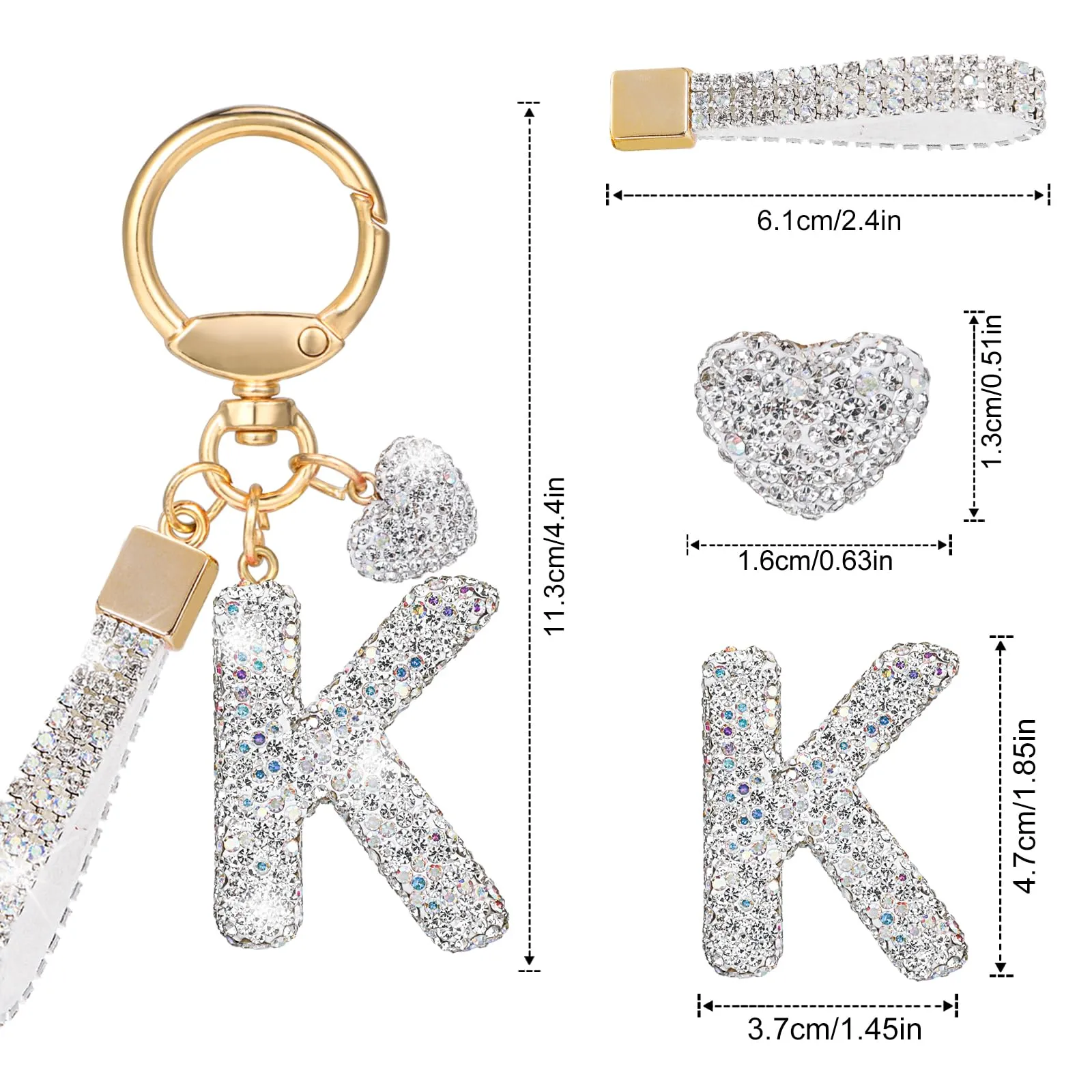 MWOOT Portachiavi a forma di lettera con strass, portachiavi Silvery con nome Cute Car Keychain, portachiavi per auto, borsa a mano, accessori per compleanno per donna (K) - immagine 3