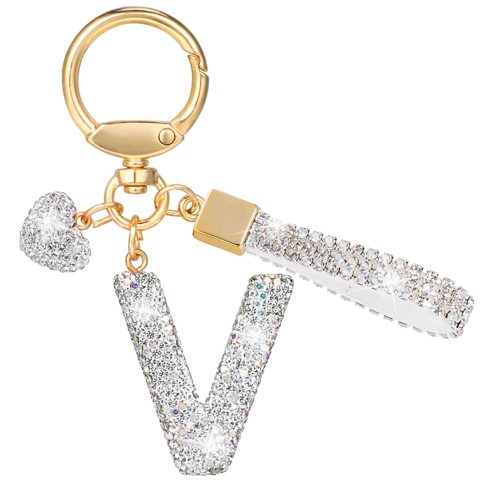 MWOOT Cristalli Lettera Portachiavi, Carini Keyring Ciondoli con Nome, Iniziale Anelli Portachiavi Donna, Casa Nuova Accessori Macchina Auto Keychain Regalo Amica Compleanno(V) - immagine 1