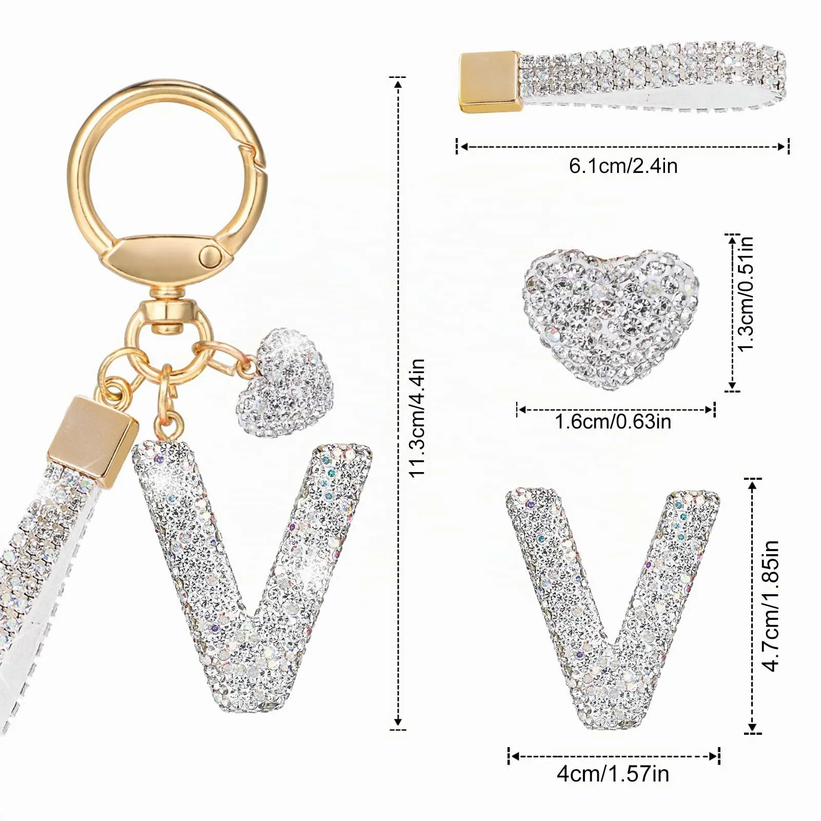 MWOOT Cristalli Lettera Portachiavi, Carini Keyring Ciondoli con Nome, Iniziale Anelli Portachiavi Donna, Casa Nuova Accessori Macchina Auto Keychain Regalo Amica Compleanno(V) - immagine 3