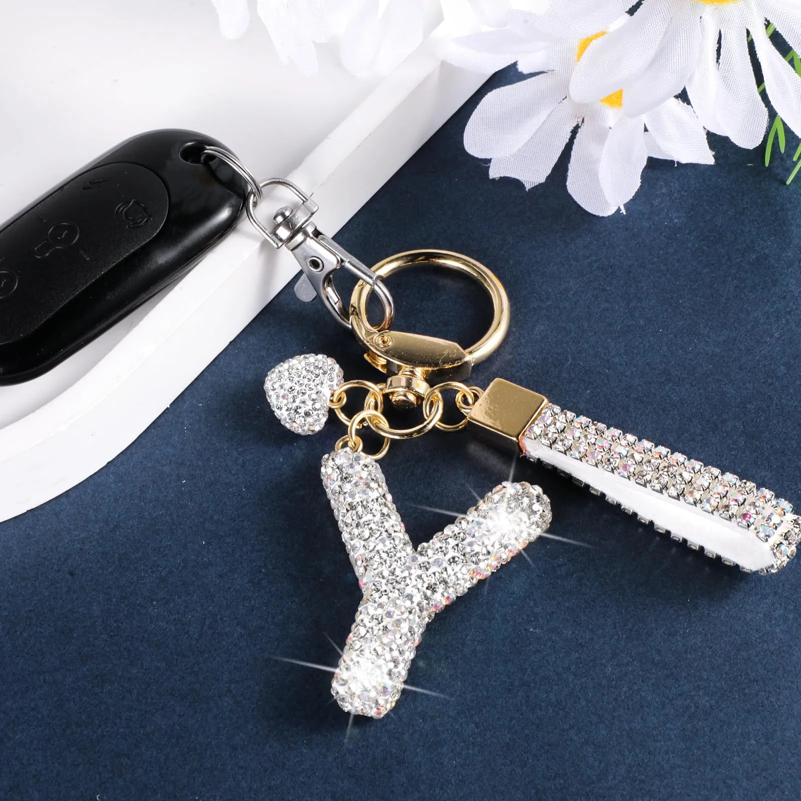 MWOOT Cristalli Lettera Portachiavi, Carini Keyring Ciondoli con Nome, Iniziale Anelli Portachiavi Donna, Casa Nuova Accessori Macchina Auto Keychain Regalo Amica Compleanno(Y) - immagine 4