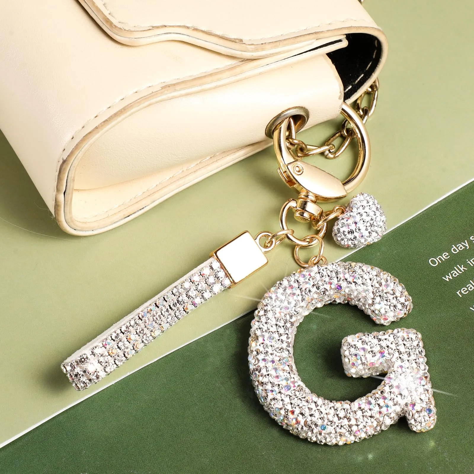 MWOOT Portachiavi a forma di lettera con cristalli, grazioso portachiavi con nome, anello con iniziale, da donna, accessorio per auto, regalo per amici, compleanno (G) - immagine 2
