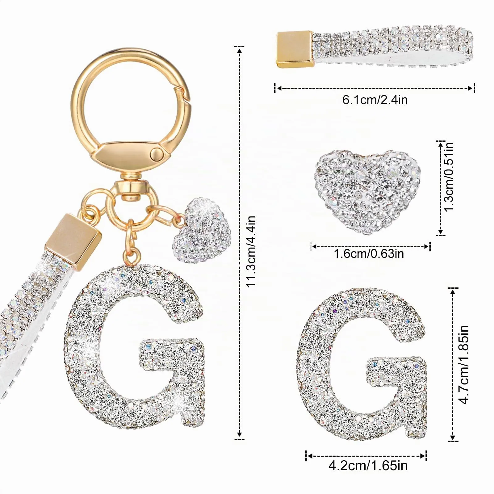 MWOOT Portachiavi a forma di lettera con cristalli, grazioso portachiavi con nome, anello con iniziale, da donna, accessorio per auto, regalo per amici, compleanno (G) - immagine 3