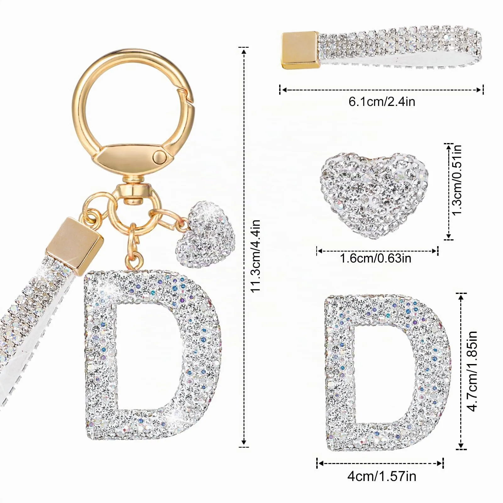 MWOOT Portachiavi a forma di lettera con strass, portachiavi Silvery con nome Cute Car Keychain, portachiavi per auto, borsa a mano, accessori per il compleanno per donna (D) - immagine 3