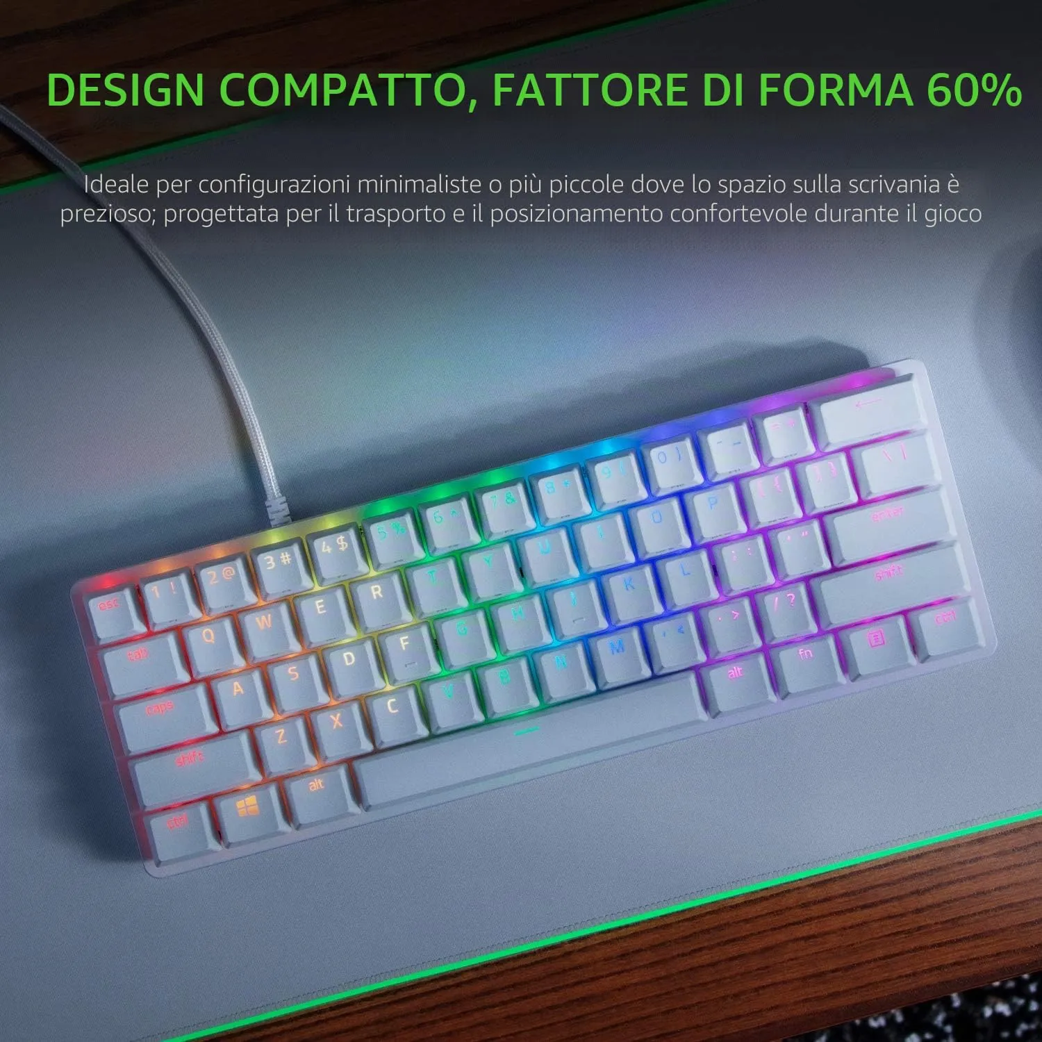 Razer Huntsman Mini (Interruttore Rosso) - Tastiera da Gioco Compatta al 60% (Interruttori Ottico- Lineari, Copri Tasti Doubleshot PBT, Cavo USB-C Rimovibile) Layout USA | Mercury Bianco - immagine 3