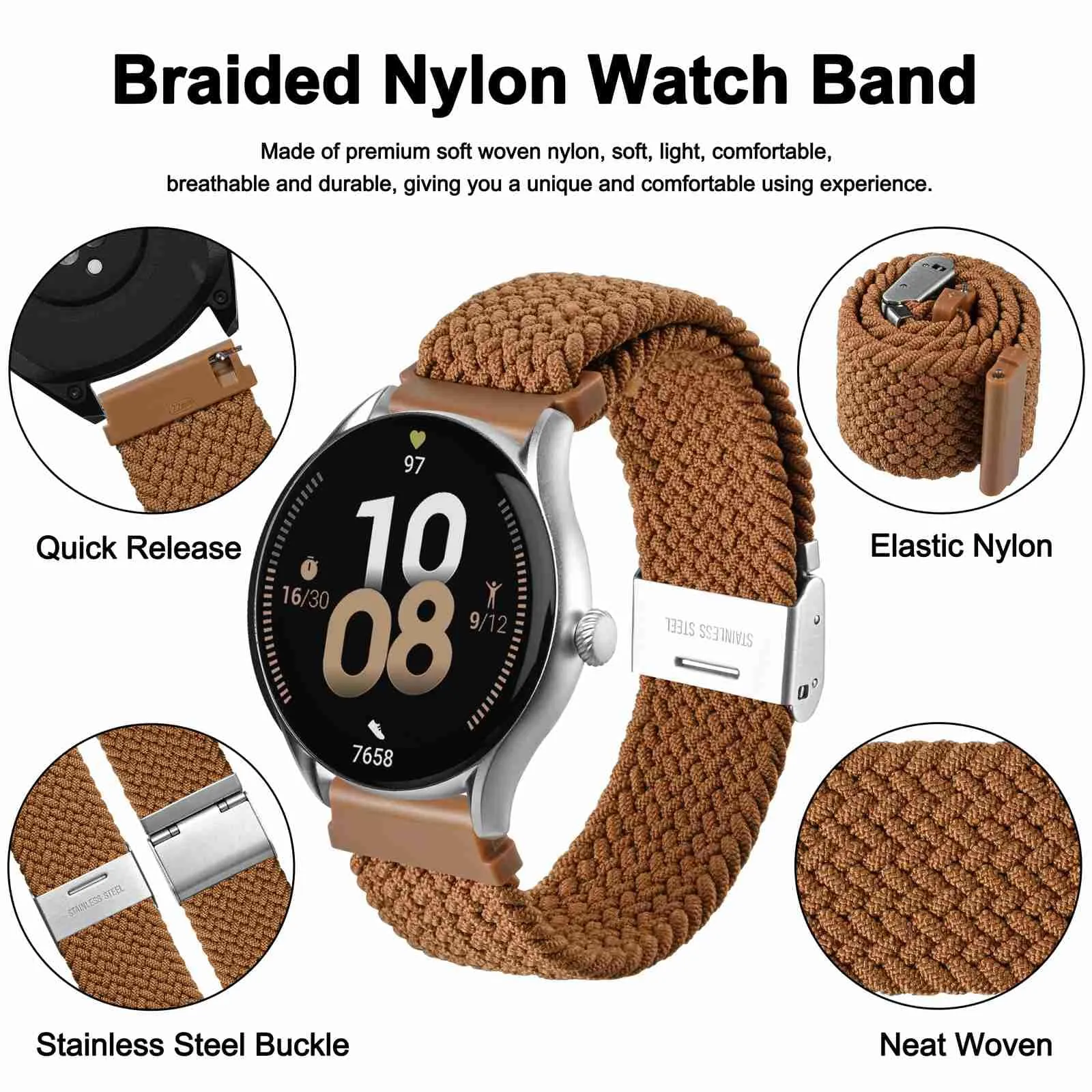WOCCI 18mm Intrecciato Nylon Cinturino per Orologio da Uomo e da Donna, Regolabile Fibbia Argento (Marrone) - immagine 3