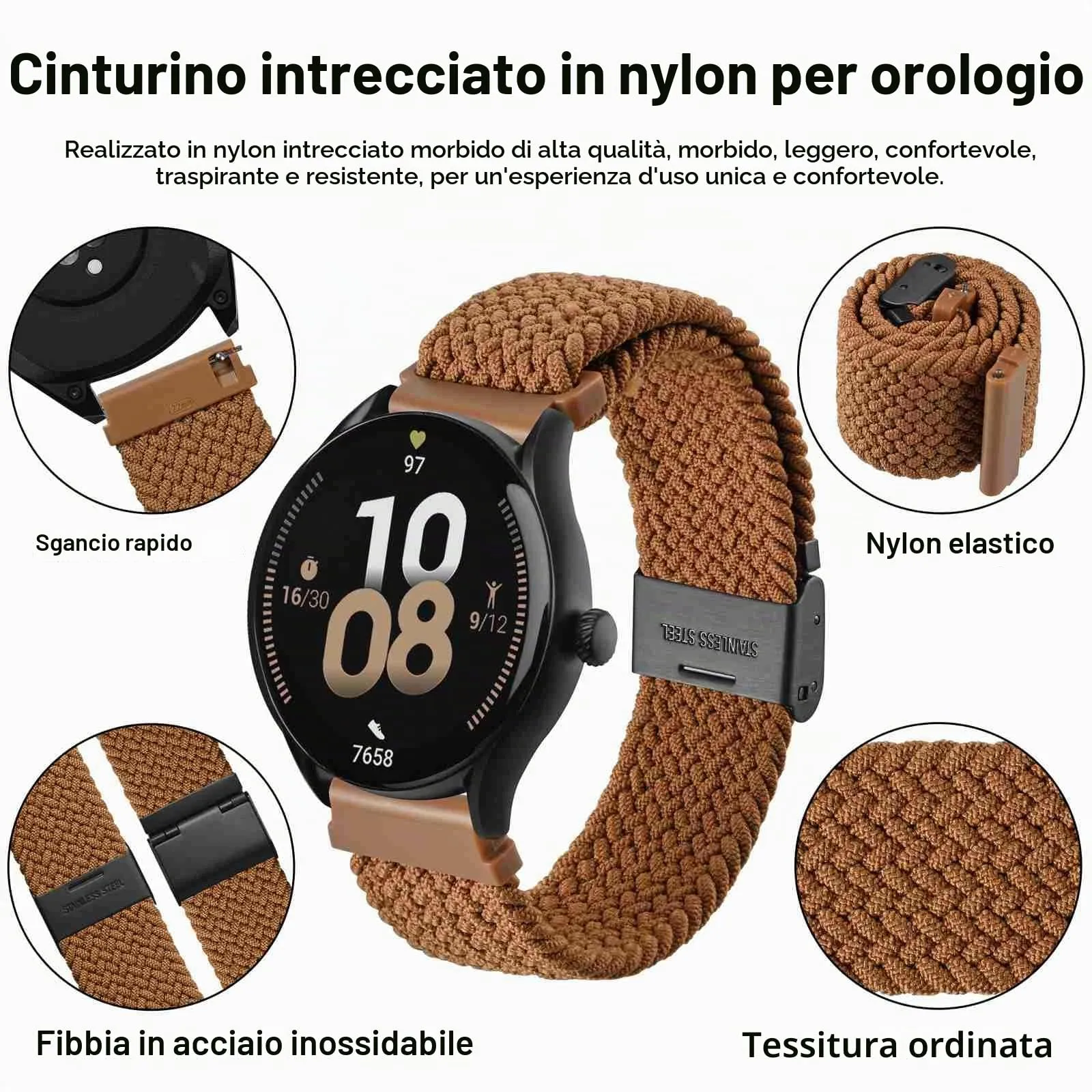 WOCCI 22mm Intrecciato Nylon Cinturino per Orologio da Uomo e da Donna, Regolabile Fibbia Nera (Marrone) - immagine 3