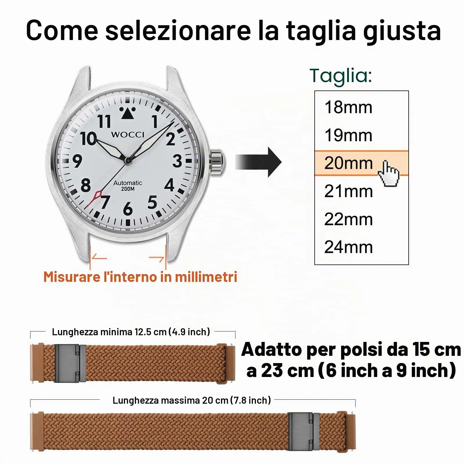 WOCCI 22mm Intrecciato Nylon Cinturino per Orologio da Uomo e da Donna, Regolabile Fibbia Nera (Marrone) - immagine 4