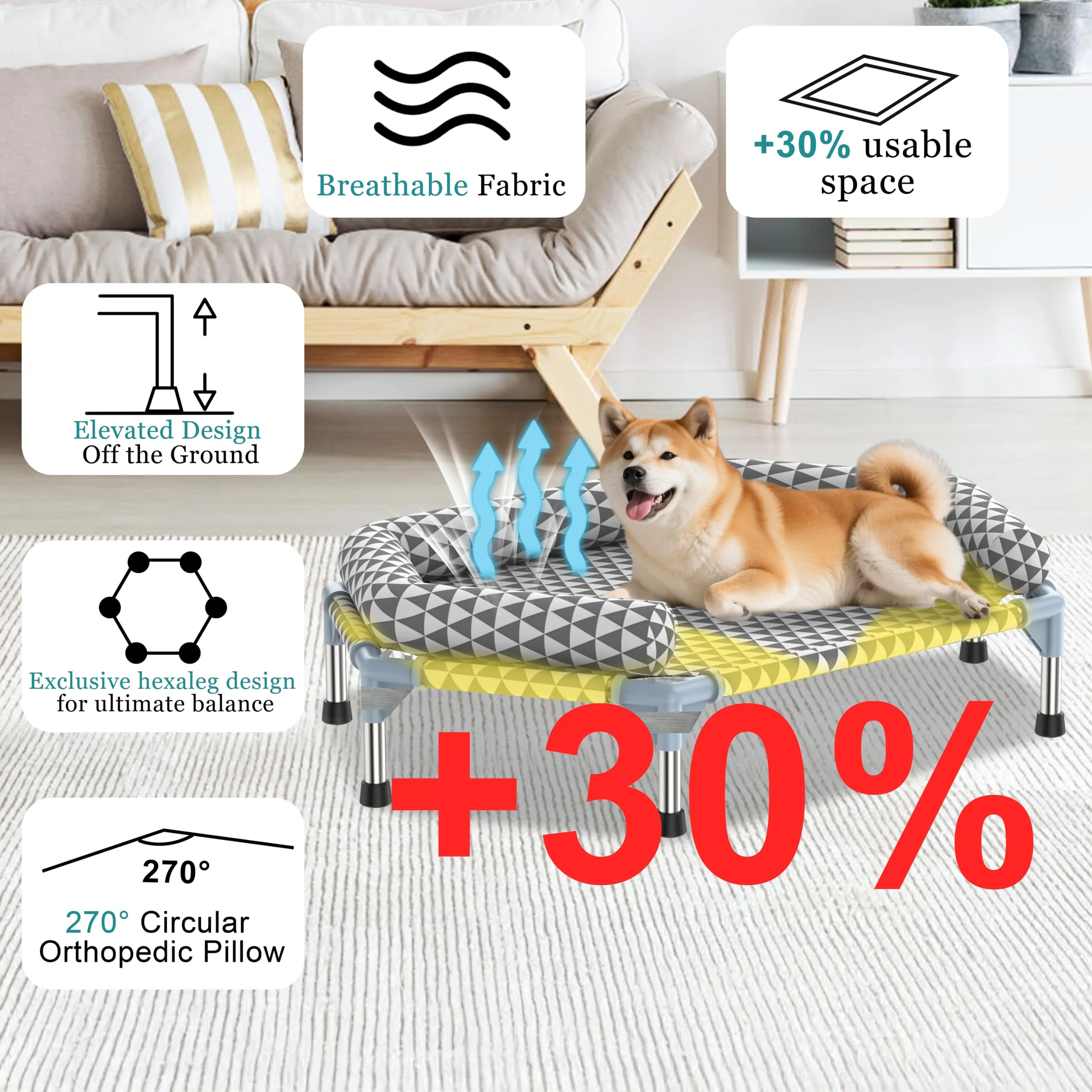Kuntrust - Letto ortopedico per cani di taglia media, cuscini rimovibili e copertura lavabile, letto rialzato da esterno per cani, facile da montare, fino a 45,4 kg, M - immagine 2