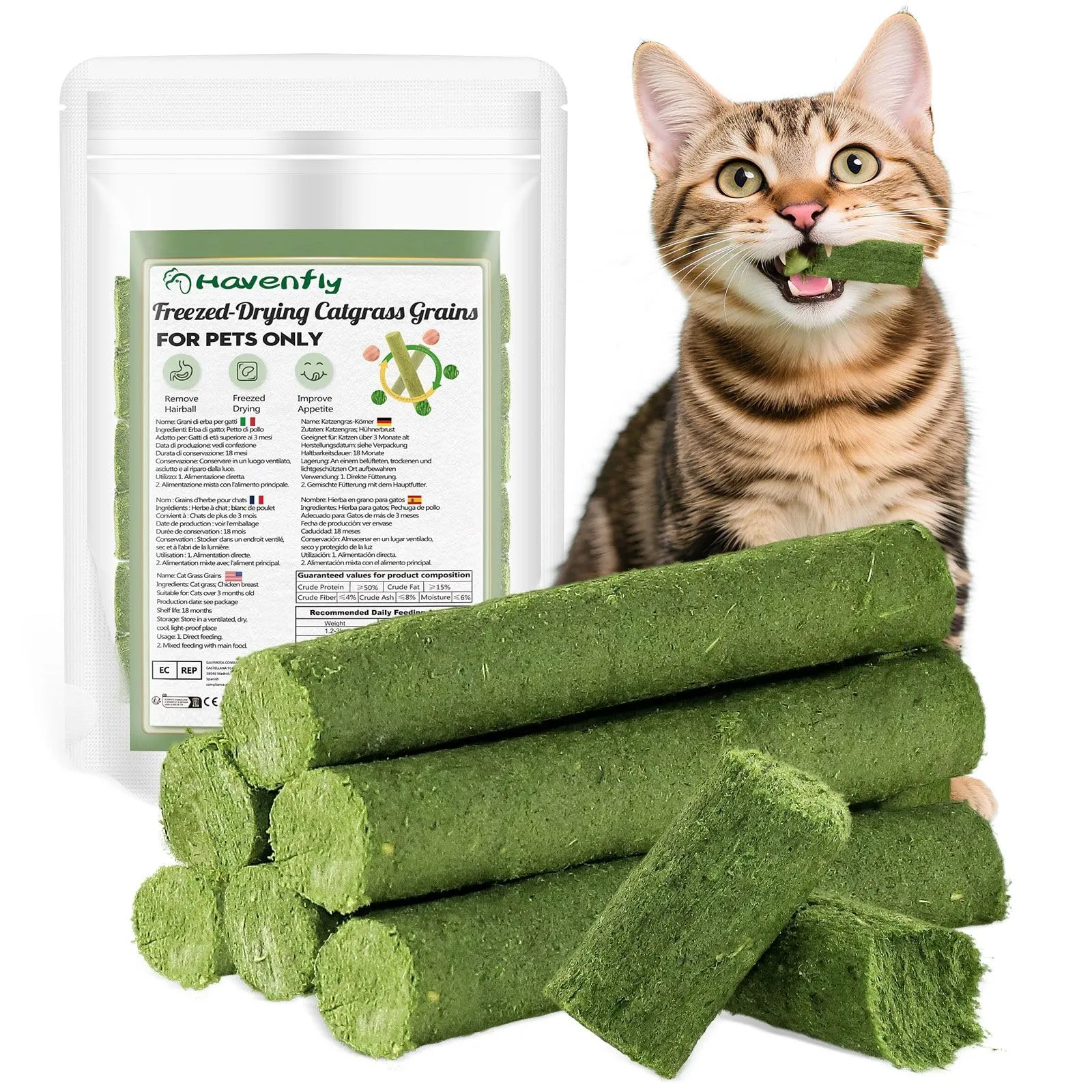 Havenfly 30g Bastoncini Erba Gatta per Gatti, Snack per Gatti Liofilizzato con Erba Gatta per Elimina Boli di Pelo e Pulizia dei Denti, Cat Grass Teething Stick - immagine 1