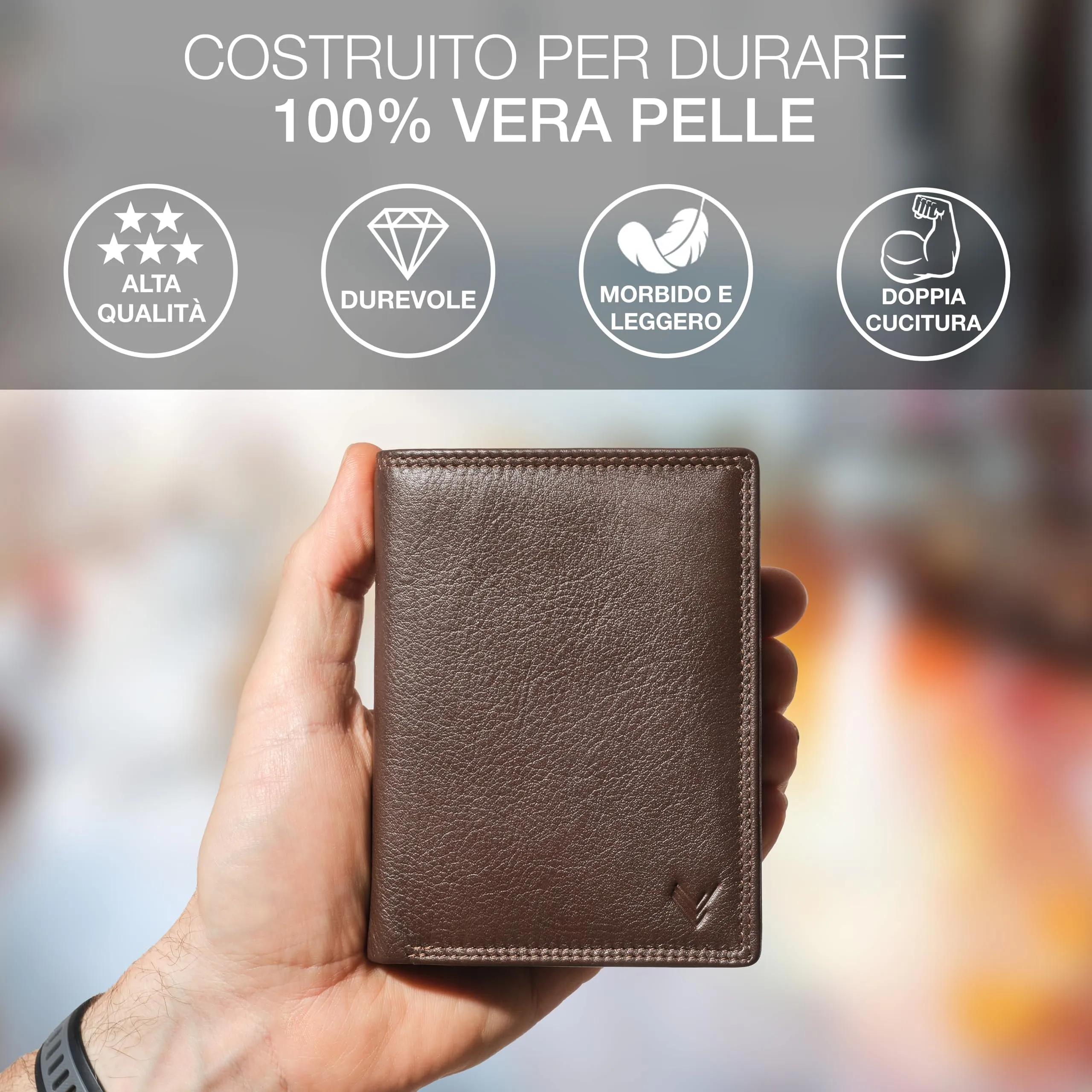 Portafoglio Verticale Uomo Slim Vera Pelle RFID Porta Carte Portamonete - immagine 2