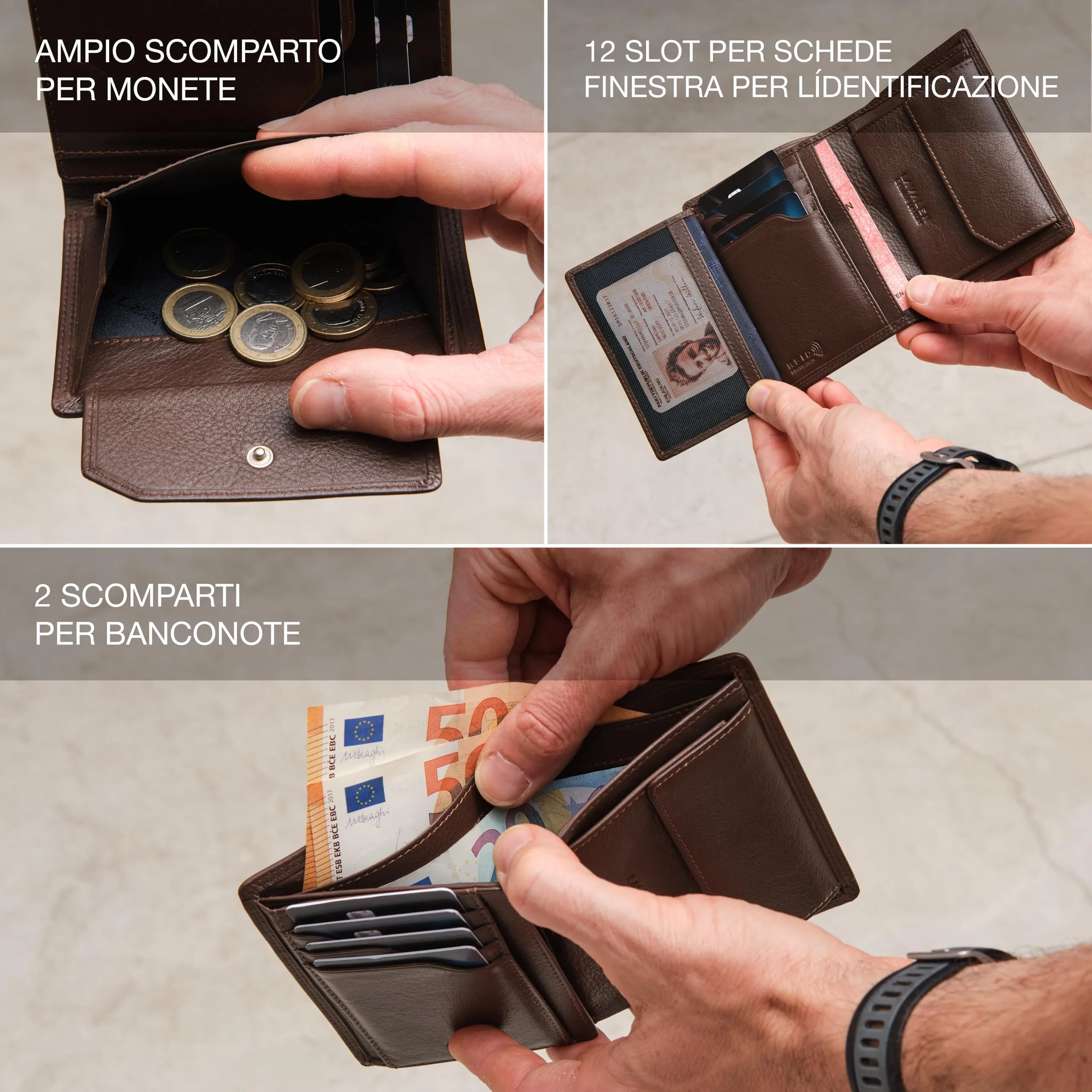 Portafoglio Verticale Uomo Slim Vera Pelle RFID Porta Carte Portamonete - immagine 3