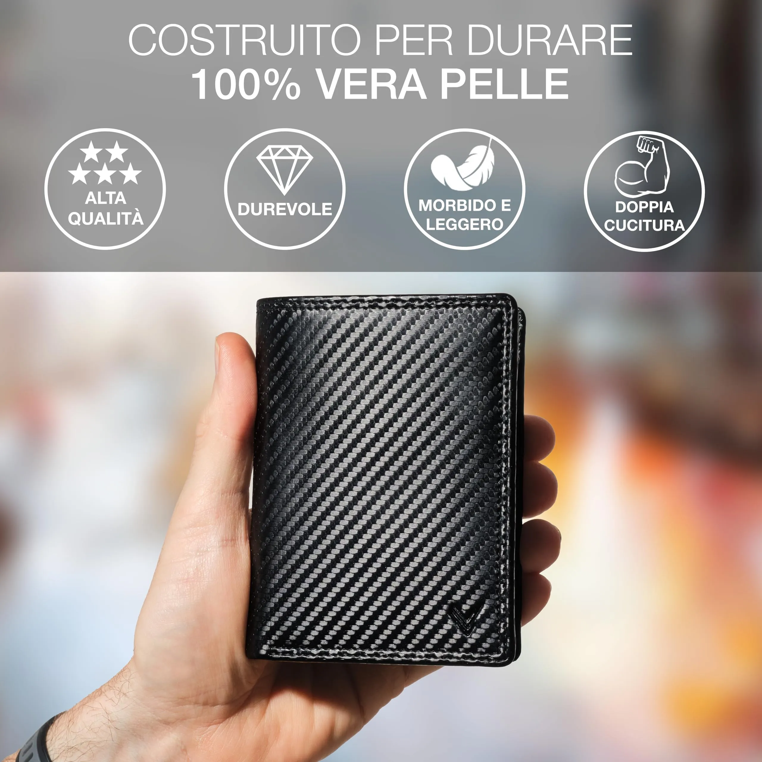 Portafoglio Verticale Uomo Slim Vera Pelle RFID Porta Carte Portamonete - immagine 2