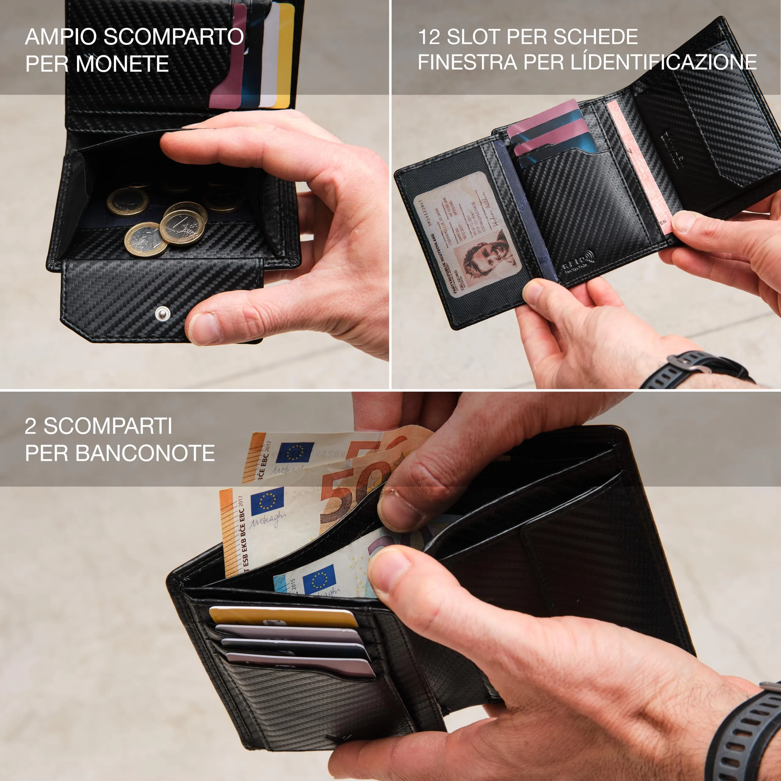 Portafoglio Verticale Uomo Slim Vera Pelle RFID Porta Carte Portamonete - immagine 3
