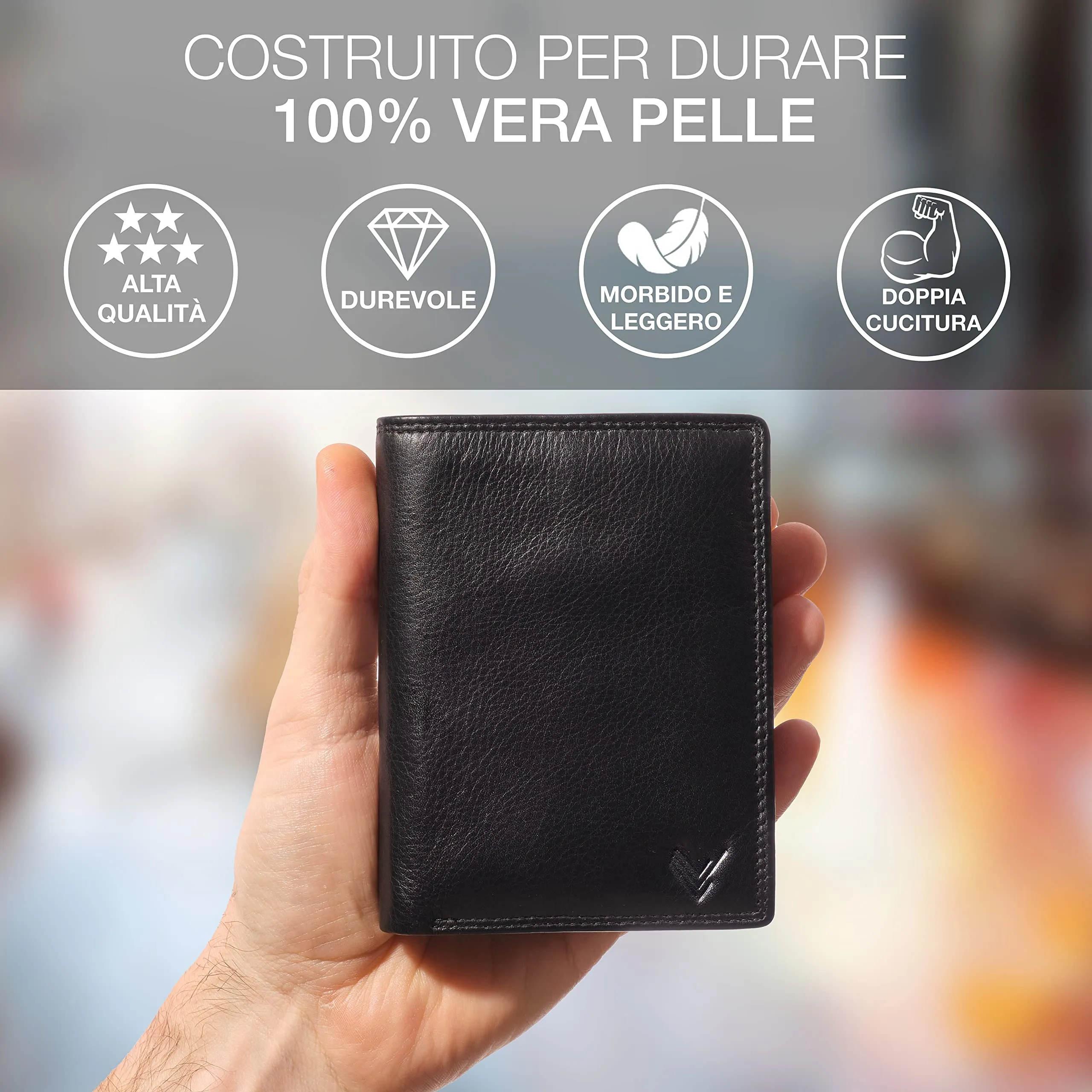 Portafoglio Verticale Uomo Slim Vera Pelle RFID Porta Carte Portamonete - immagine 2