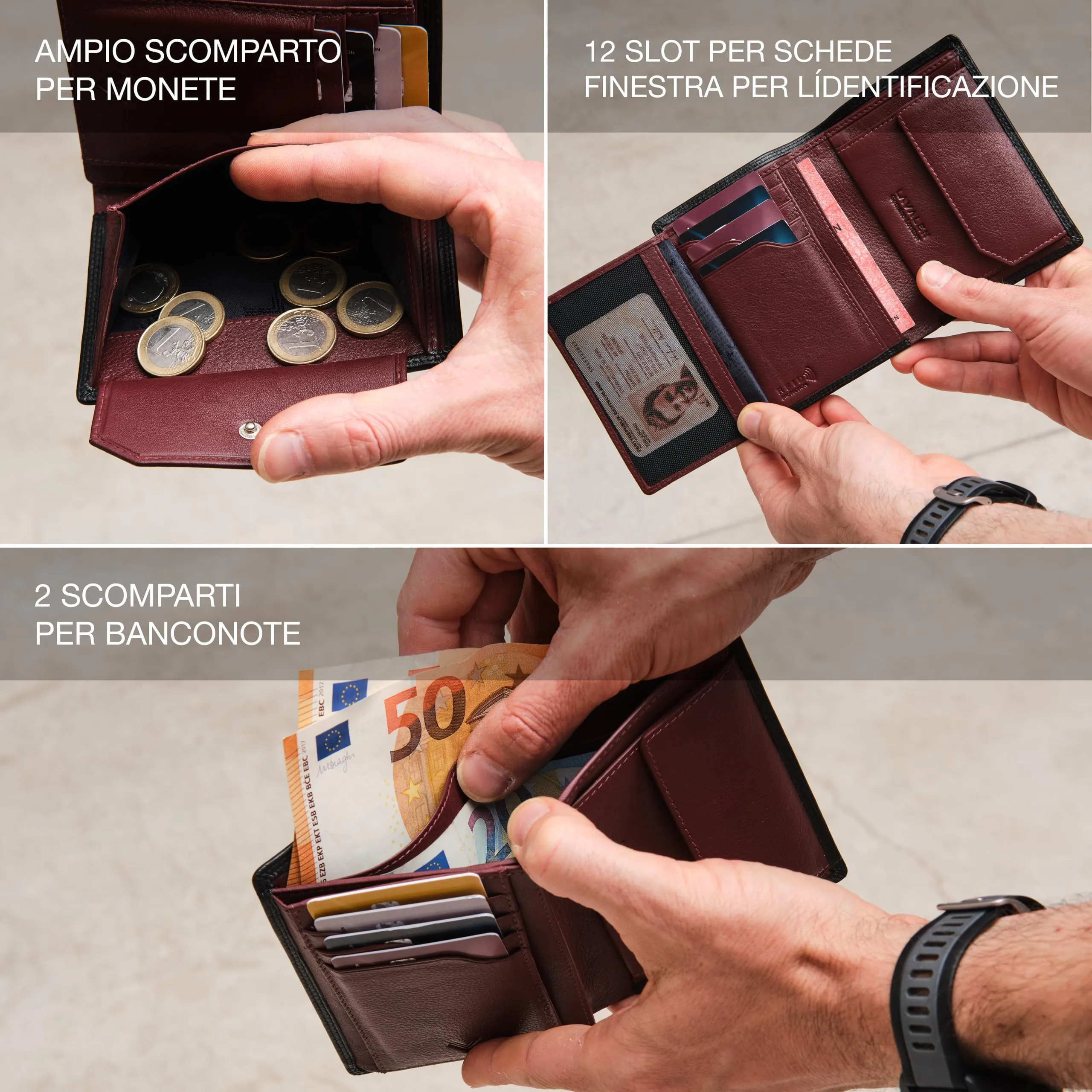 Portafoglio Verticale Uomo Slim Vera Pelle RFID Porta Carte Portamonete - immagine 3