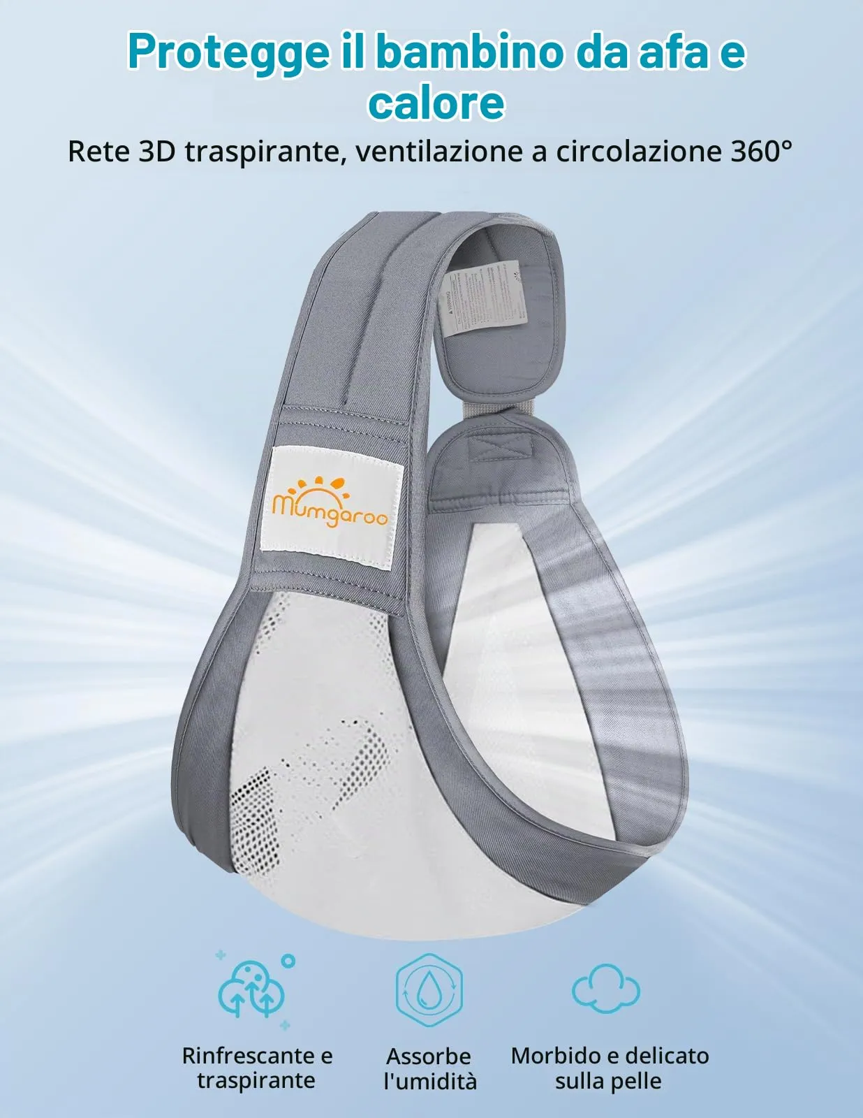 Mumgaroo Fascia Porta Bebè Ergonomica in Rete 3D Traspirante (0-15kg) - immagine 2