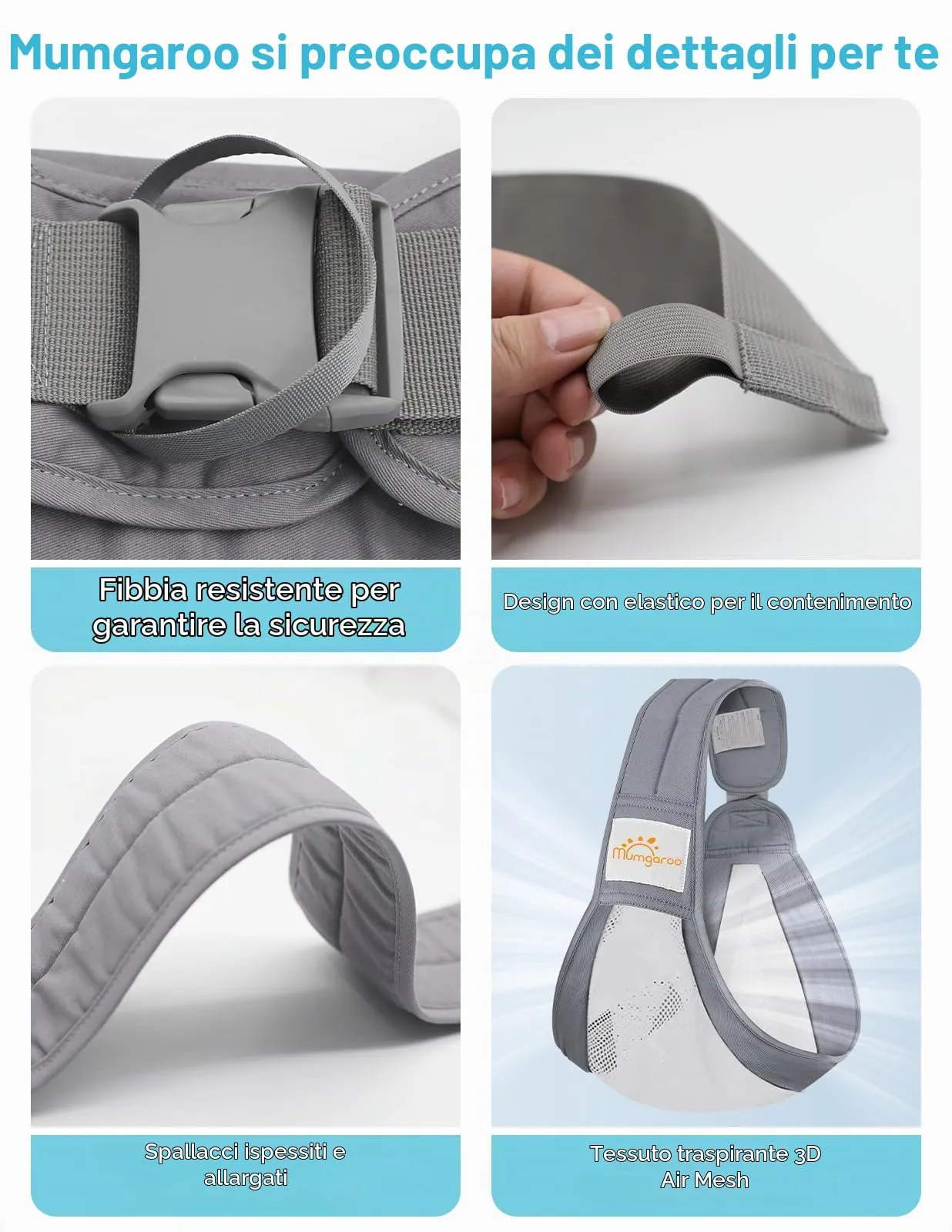 Mumgaroo Fascia Porta Bebè Ergonomica in Rete 3D Traspirante (0-15kg) - immagine 6