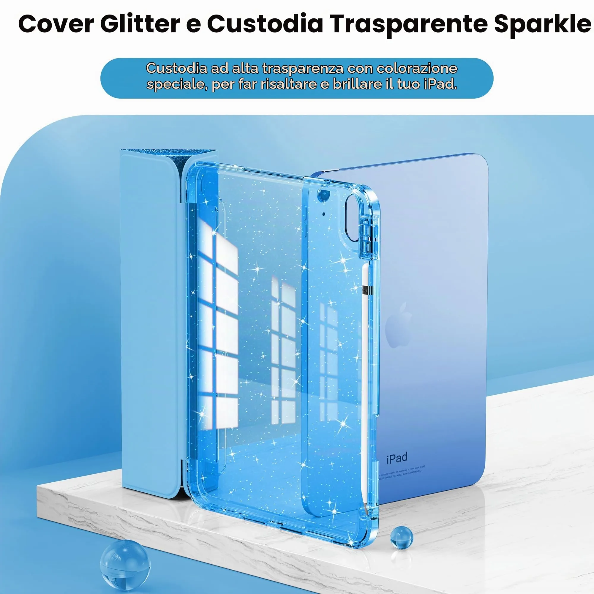 INFILAND Custodia per iPad 11 Generazione A16 11 Pollici 2025/iPad 10 Generazione 10,9 Pollici 2022,Glitterata con Retro Trasparente Brillante, Portapenne, per Bambini e Ragazze (Blu Reale) - immagine 3