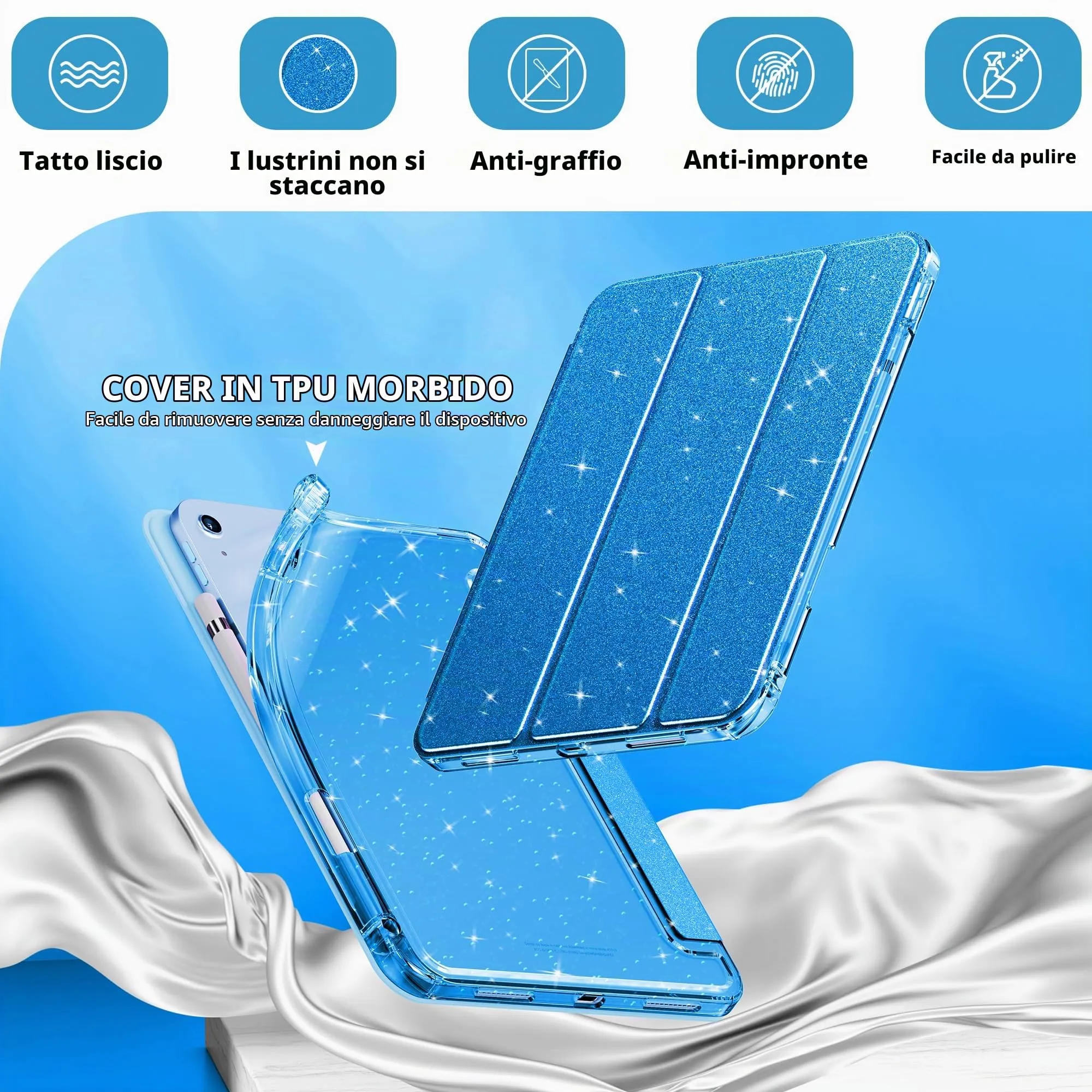 INFILAND Custodia per iPad 11 Generazione A16 11 Pollici 2025/iPad 10 Generazione 10,9 Pollici 2022,Glitterata con Retro Trasparente Brillante, Portapenne, per Bambini e Ragazze (Blu Reale) - immagine 4