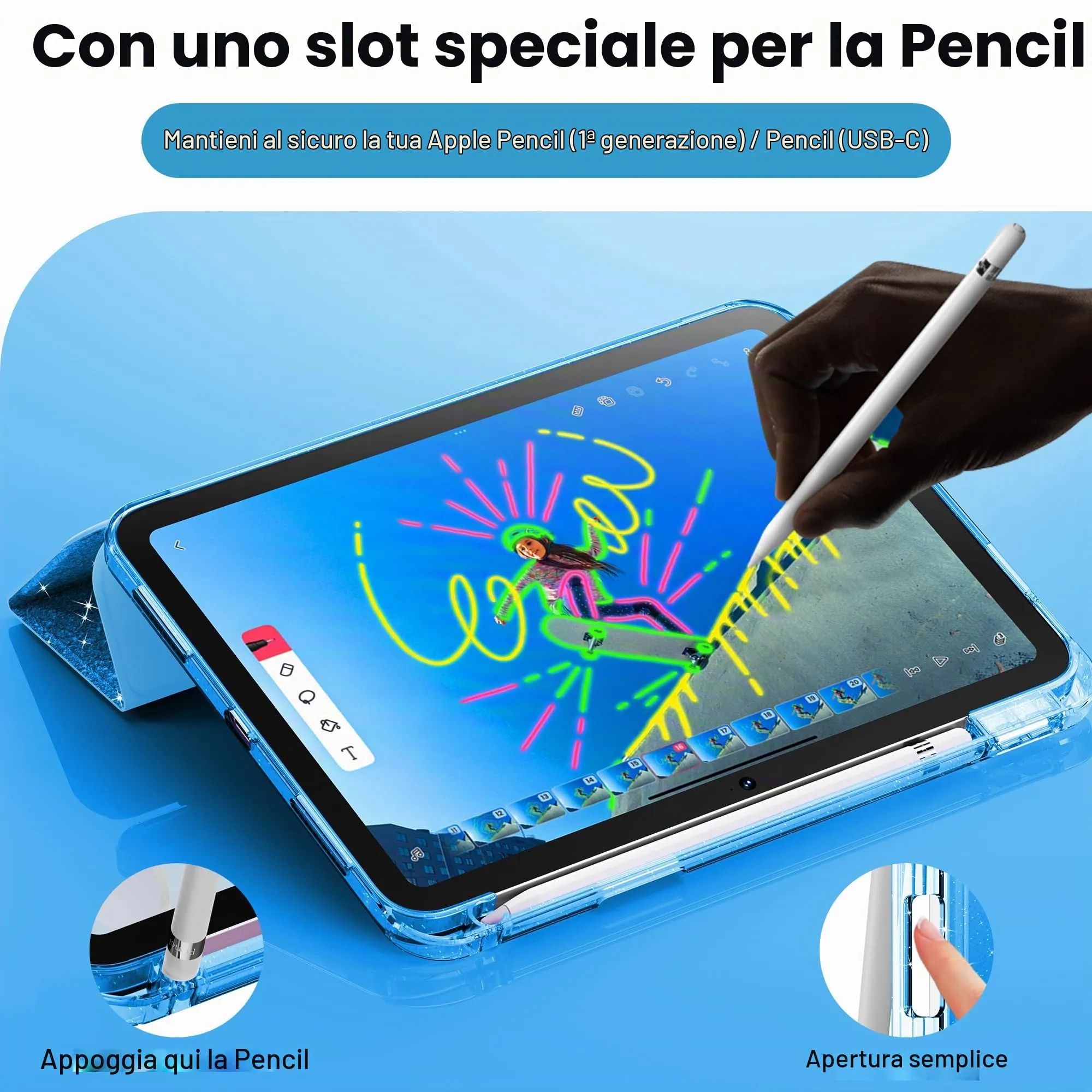 INFILAND Custodia per iPad 11 Generazione A16 11 Pollici 2025/iPad 10 Generazione 10,9 Pollici 2022,Glitterata con Retro Trasparente Brillante, Portapenne, per Bambini e Ragazze (Blu Reale) - immagine 5