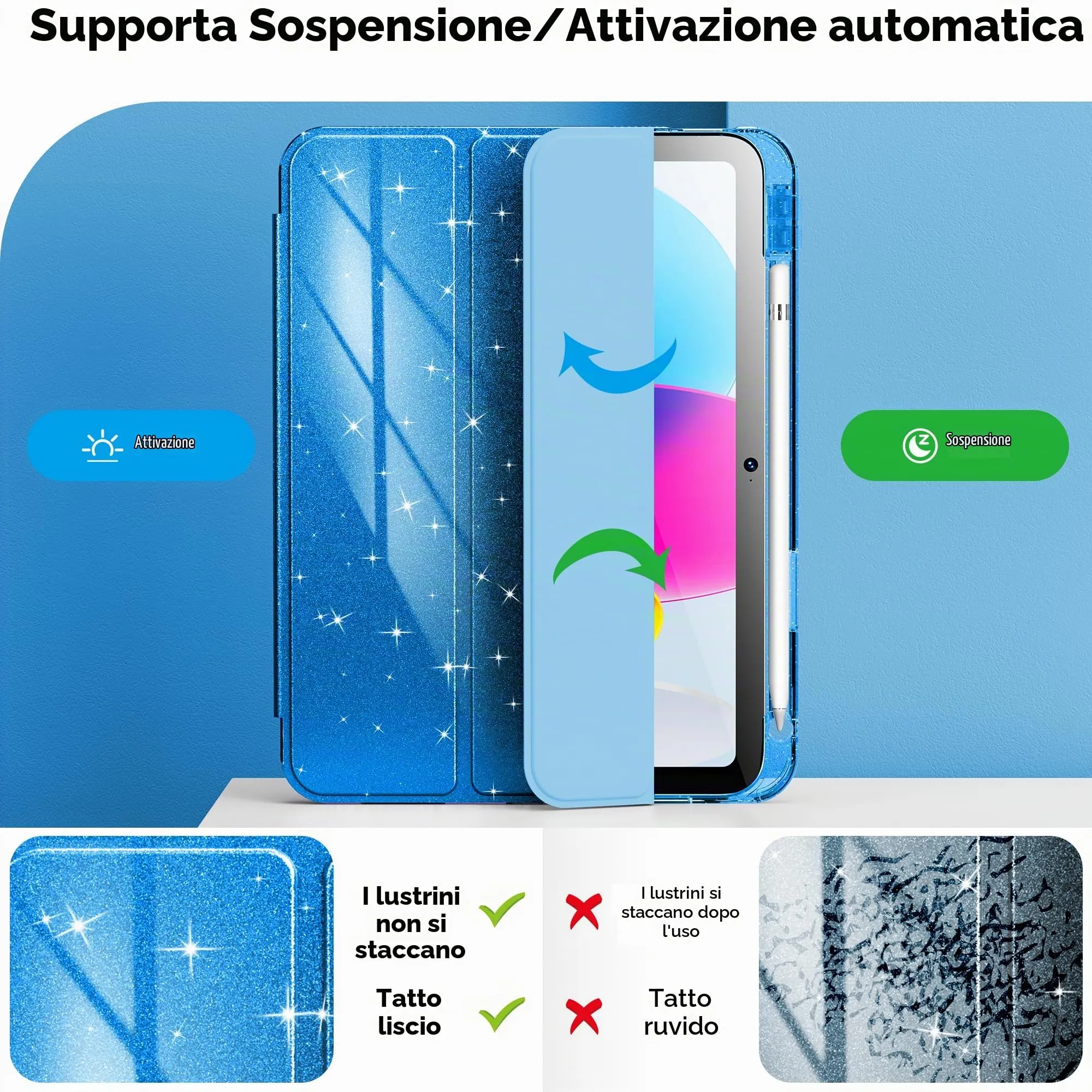INFILAND Custodia per iPad 11 Generazione A16 11 Pollici 2025/iPad 10 Generazione 10,9 Pollici 2022,Glitterata con Retro Trasparente Brillante, Portapenne, per Bambini e Ragazze (Blu Reale) - immagine 6