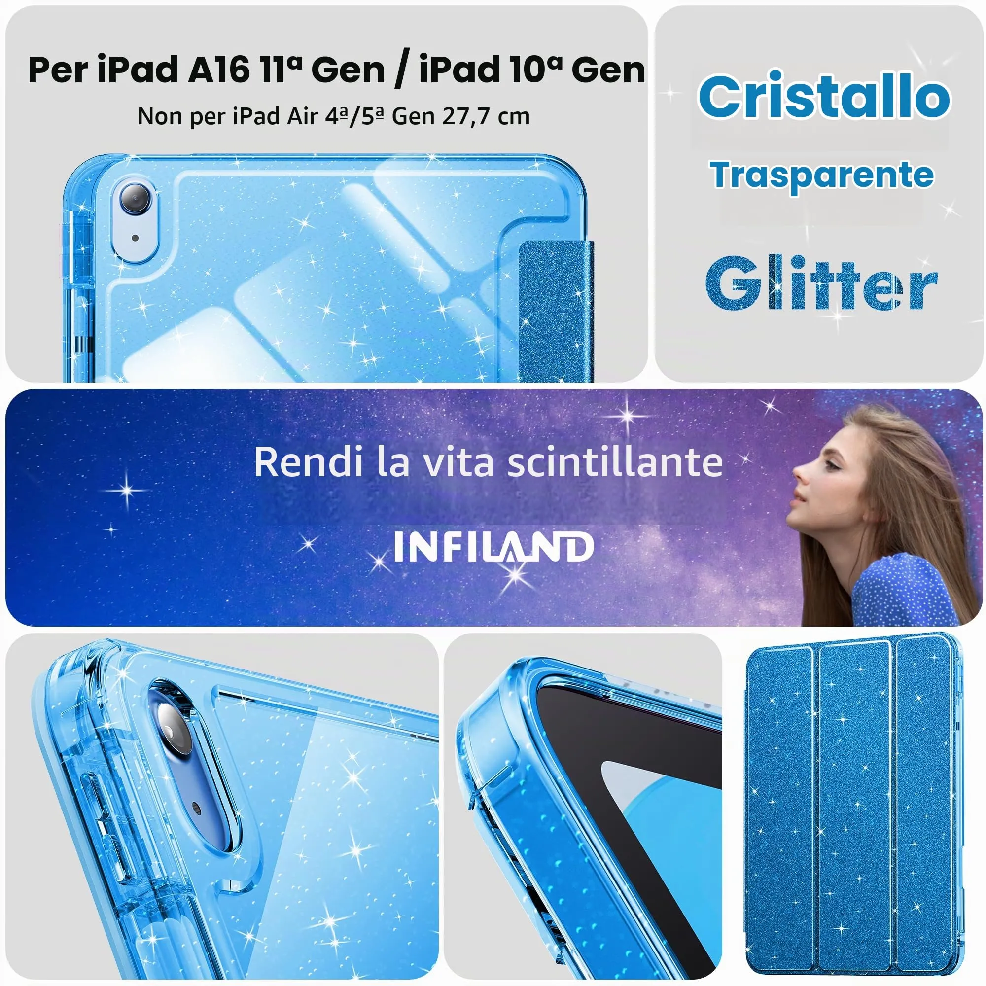 INFILAND Custodia per iPad 11 Generazione A16 11 Pollici 2025/iPad 10 Generazione 10,9 Pollici 2022,Glitterata con Retro Trasparente Brillante, Portapenne, per Bambini e Ragazze (Blu Reale) - immagine 7