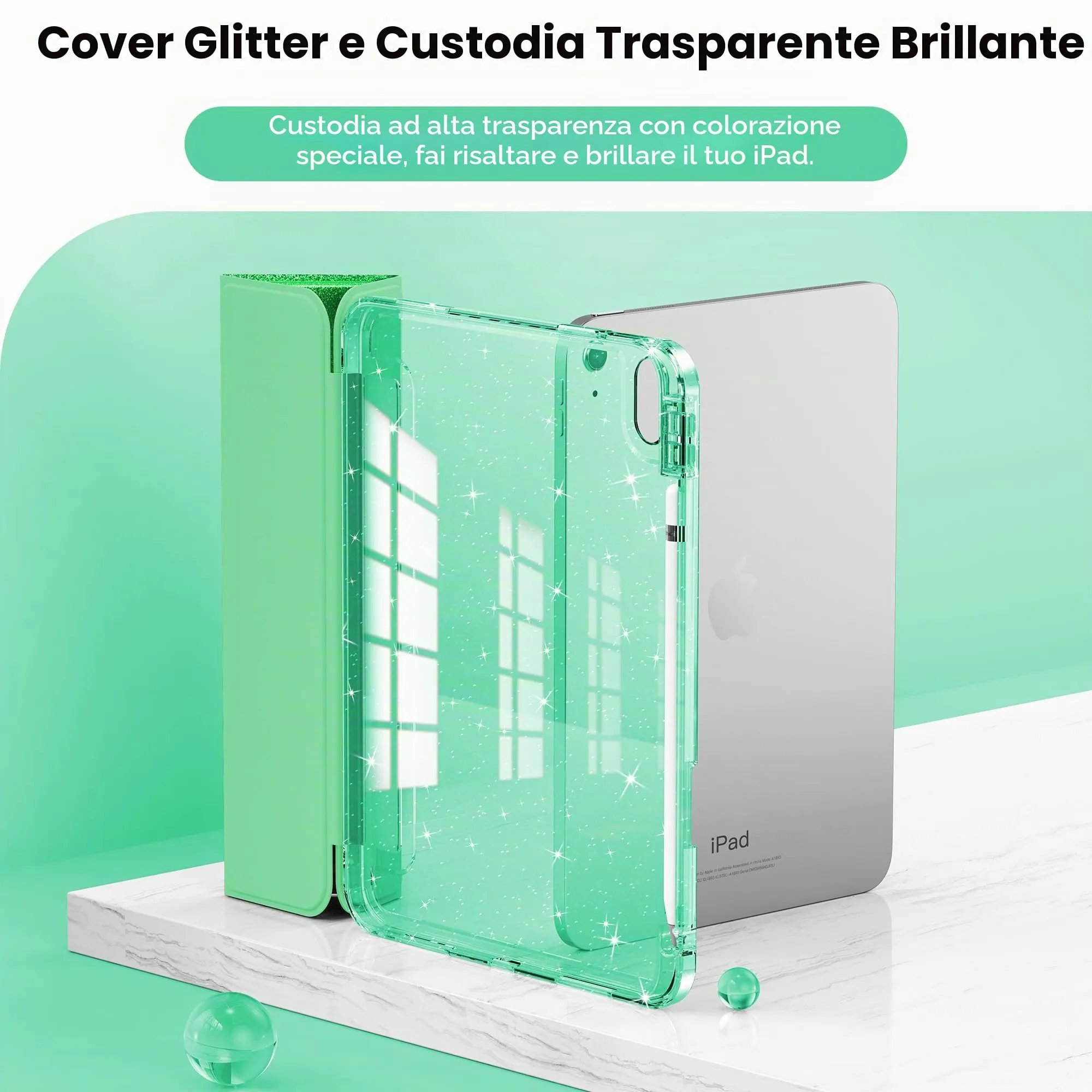 INFILAND Custodia per iPad 11 Generazione A16 11 Pollici 2025/iPad 10 Generazione 10,9 Pollici 2022,Glitterata con Retro Trasparente Brillante, Portapenne, per Bambini e Ragazze (Verde Foresta) - immagine 3