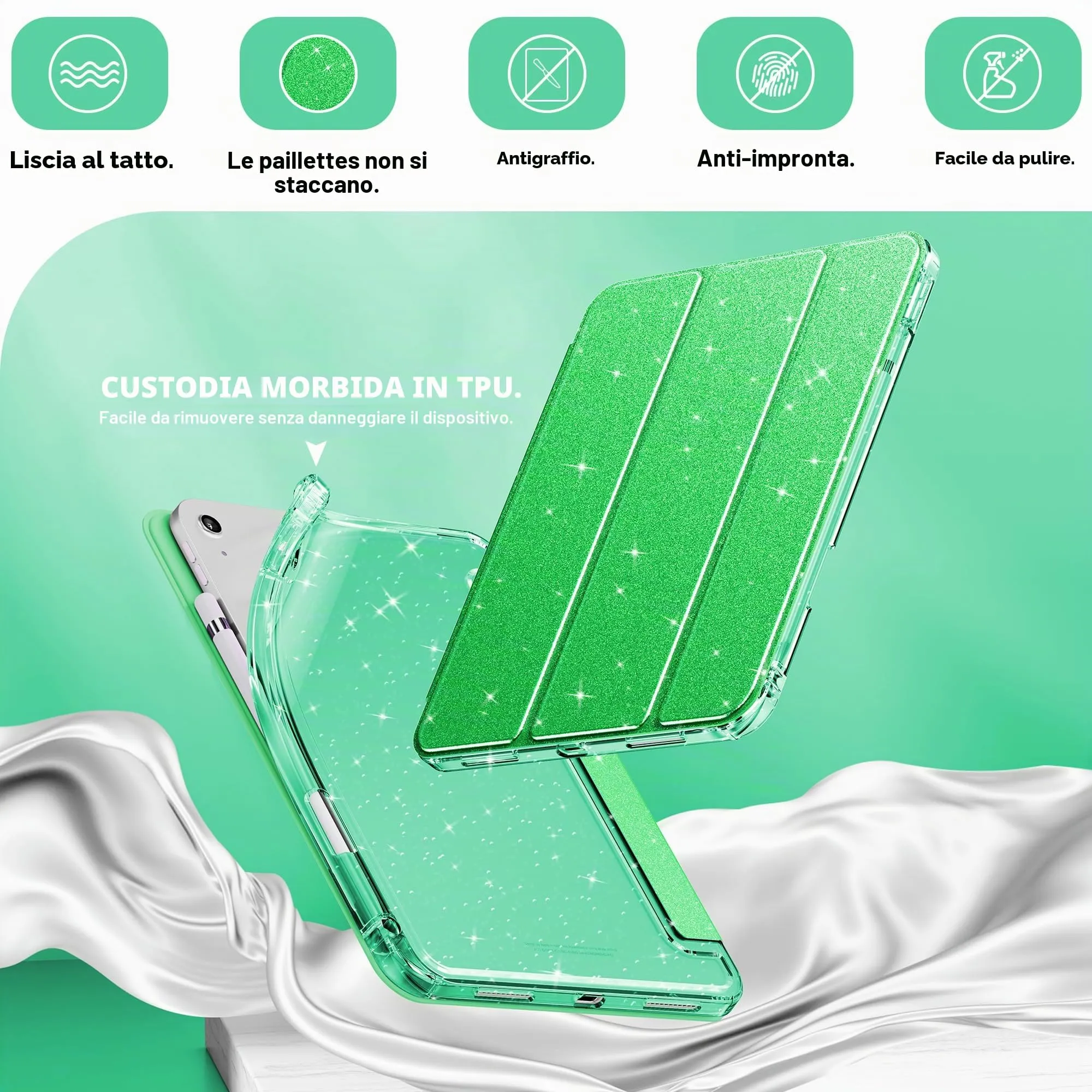 INFILAND Custodia per iPad 11 Generazione A16 11 Pollici 2025/iPad 10 Generazione 10,9 Pollici 2022,Glitterata con Retro Trasparente Brillante, Portapenne, per Bambini e Ragazze (Verde Foresta) - immagine 4