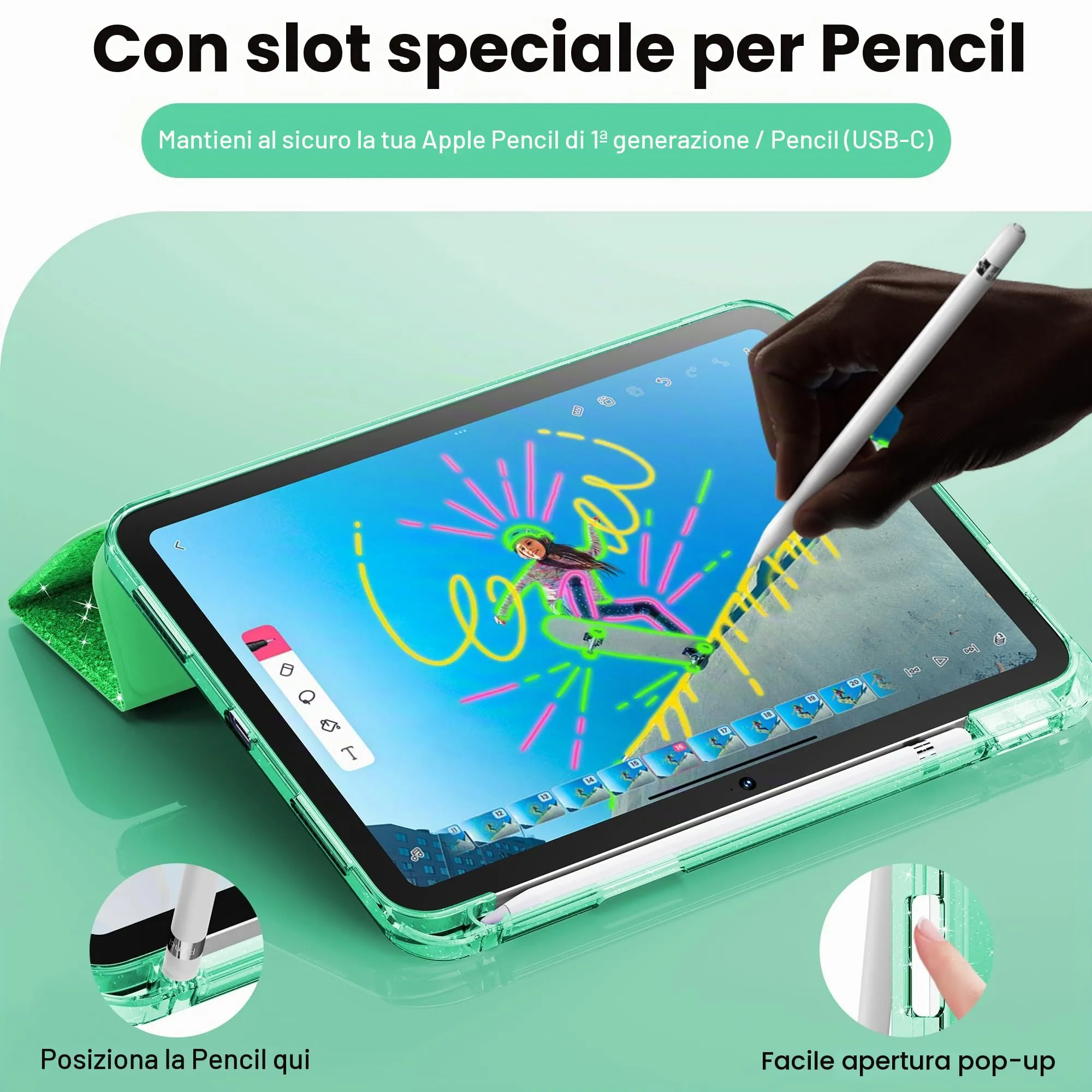 INFILAND Custodia per iPad 11 Generazione A16 11 Pollici 2025/iPad 10 Generazione 10,9 Pollici 2022,Glitterata con Retro Trasparente Brillante, Portapenne, per Bambini e Ragazze (Verde Foresta) - immagine 5