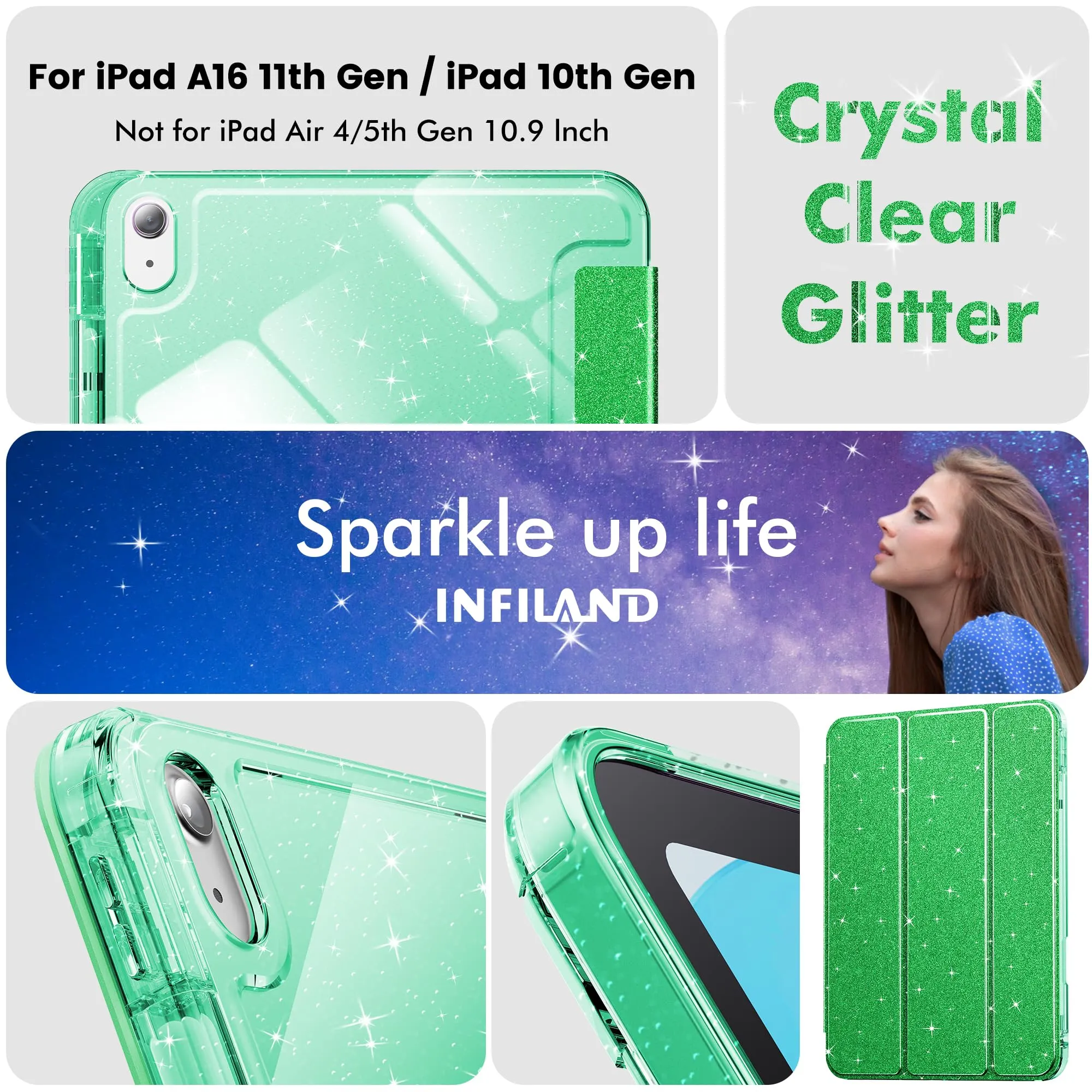 INFILAND Custodia per iPad 11 Generazione A16 11 Pollici 2025/iPad 10 Generazione 10,9 Pollici 2022,Glitterata con Retro Trasparente Brillante, Portapenne, per Bambini e Ragazze (Verde Foresta) - immagine 7