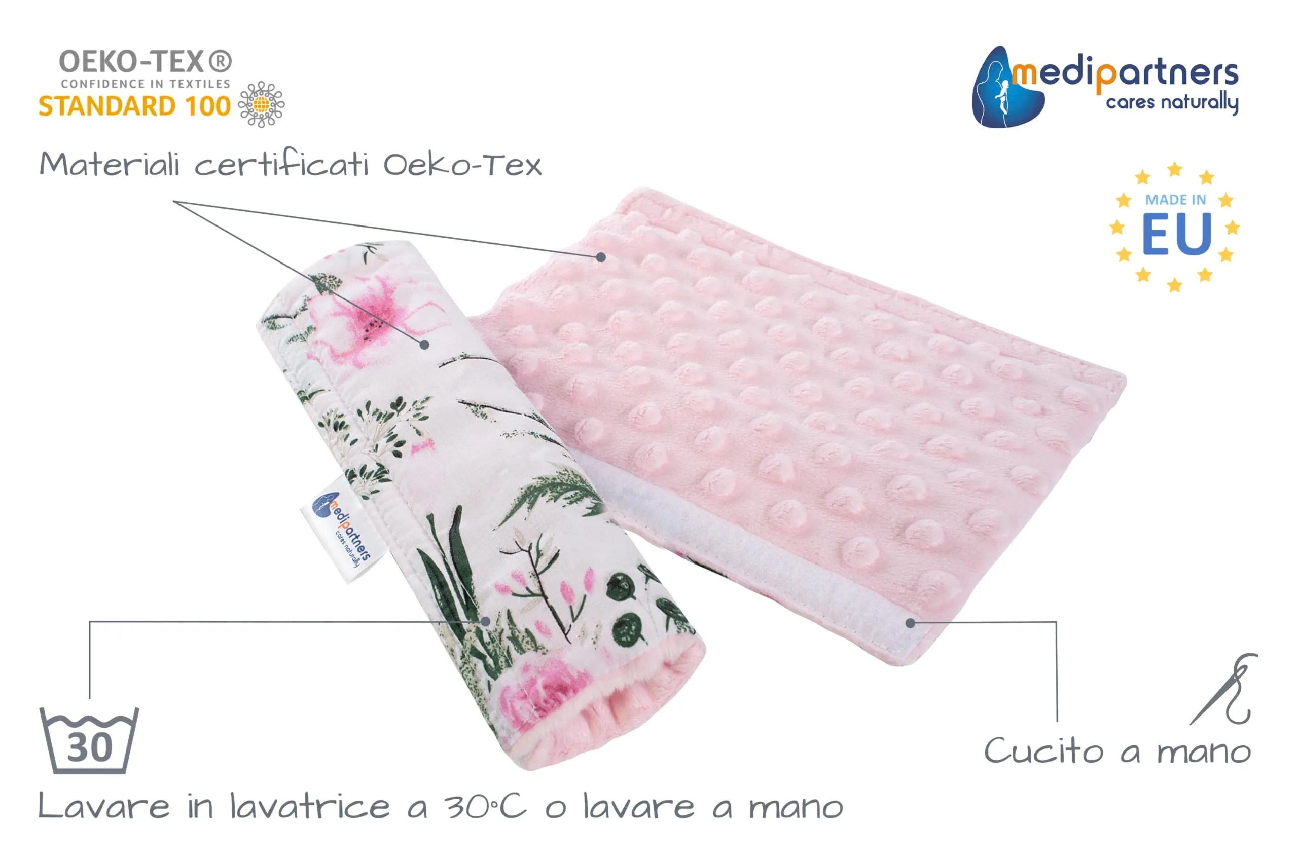 Medi Partners Copri Cintura di Sicurezza 2 Pezzi Auto Copricintura Bambini Car Cuscino 17x22cm 100% Cotone Minky Cinture Kids Copri Seggiolino Protezione (Floreale con rosa chiaro Minky) - immagine 2