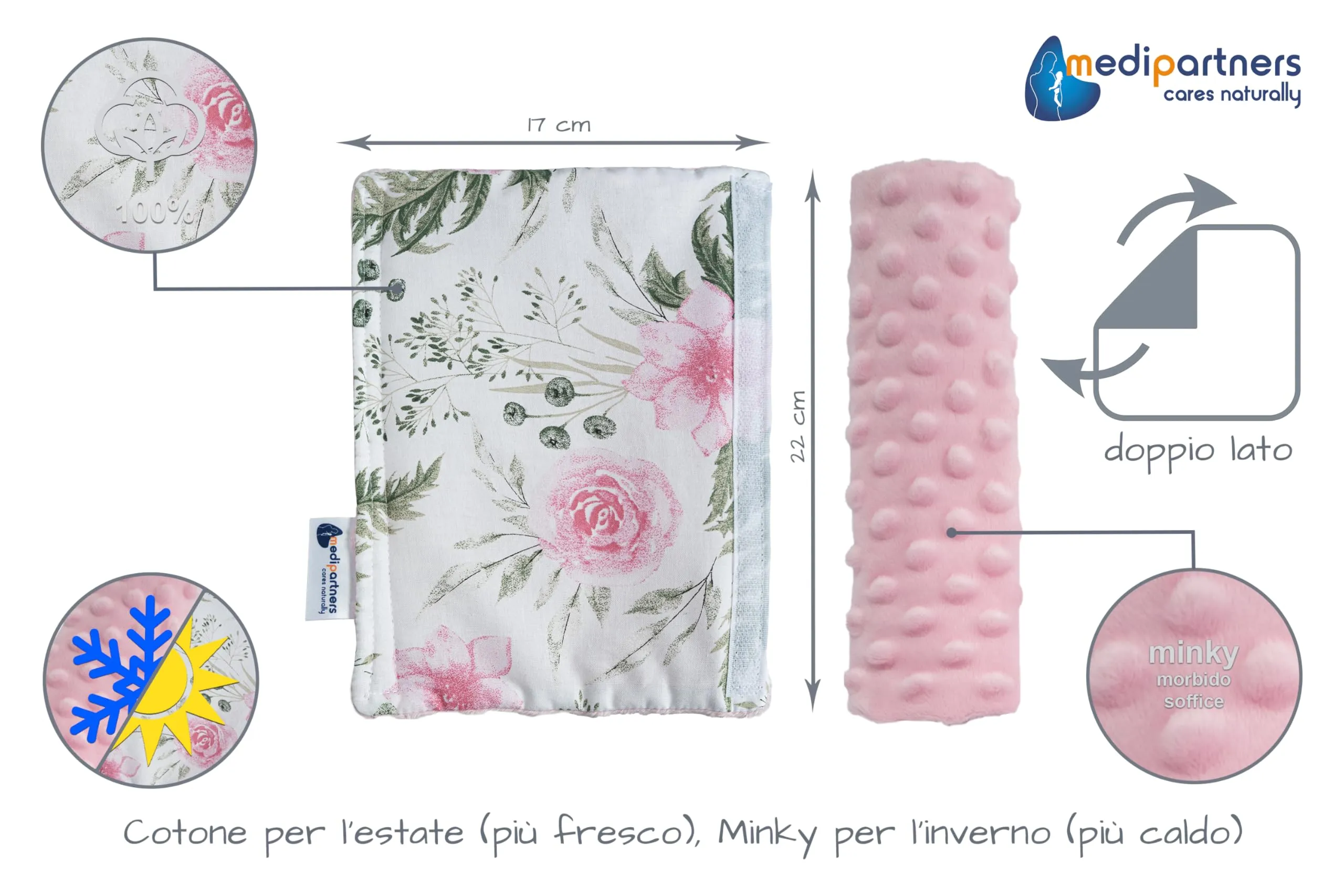 Medi Partners Copri Cintura di Sicurezza 2 Pezzi Auto Copricintura Bambini Car Cuscino 17x22cm 100% Cotone Minky Cinture Kids Copri Seggiolino Protezione (Floreale con rosa chiaro Minky) - immagine 3