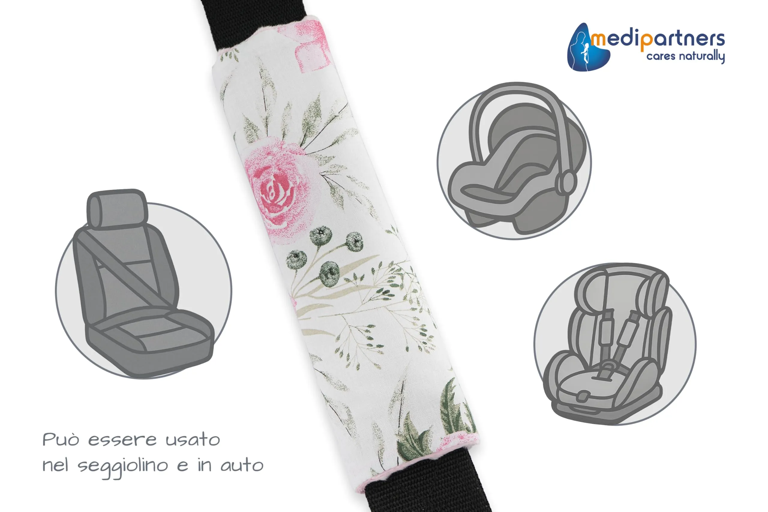 Medi Partners Copri Cintura di Sicurezza 2 Pezzi Auto Copricintura Bambini Car Cuscino 17x22cm 100% Cotone Minky Cinture Kids Copri Seggiolino Protezione (Floreale con rosa chiaro Minky) - immagine 4