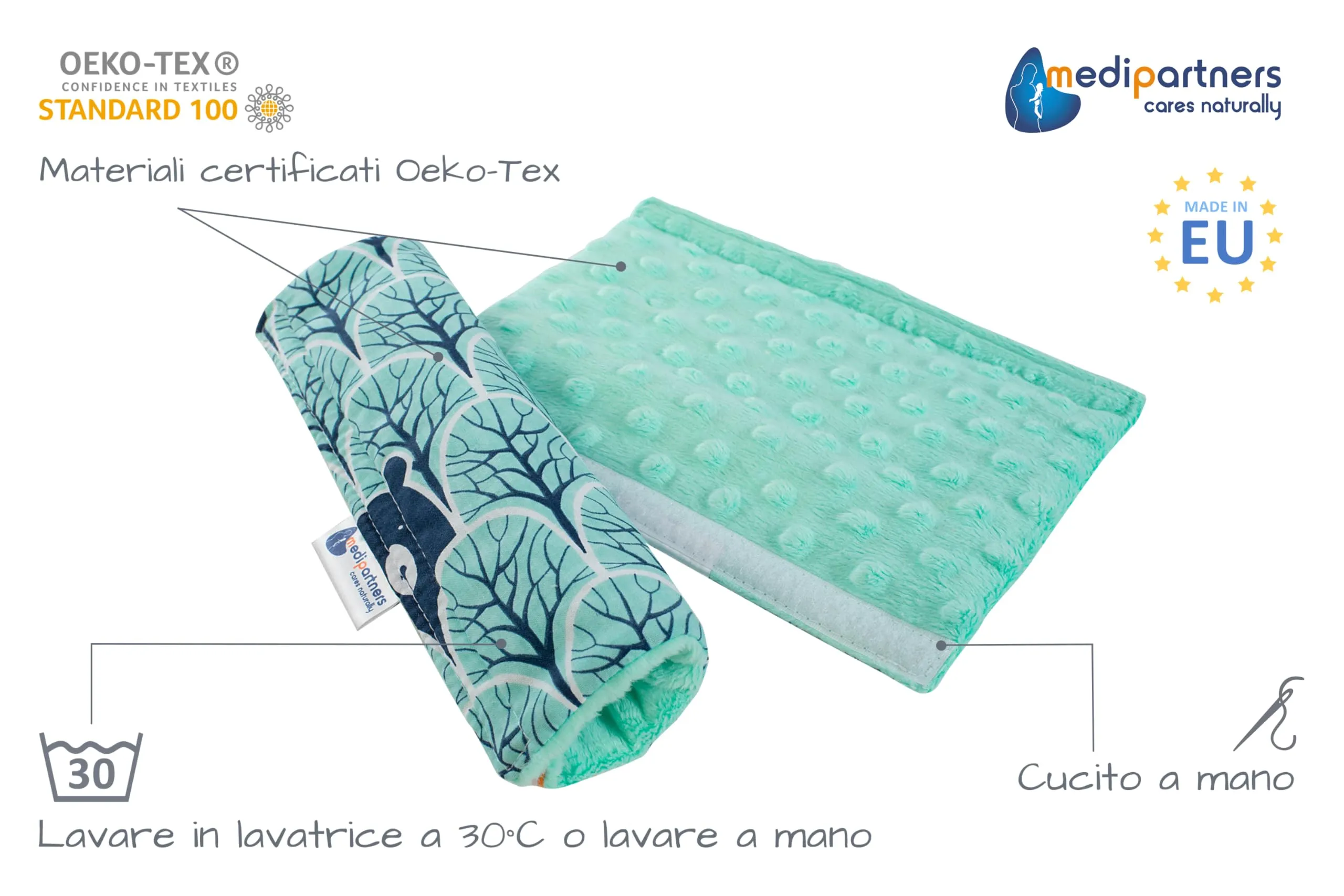 Medi Partners Copri Cintura di Sicurezza 2 Pezzi Auto Copricintura Bambini Car Cuscino 17x22cm 100% Cotone Minky Cinture Kids Copri Seggiolino Protezione (Forest con menta Minky) - immagine 2