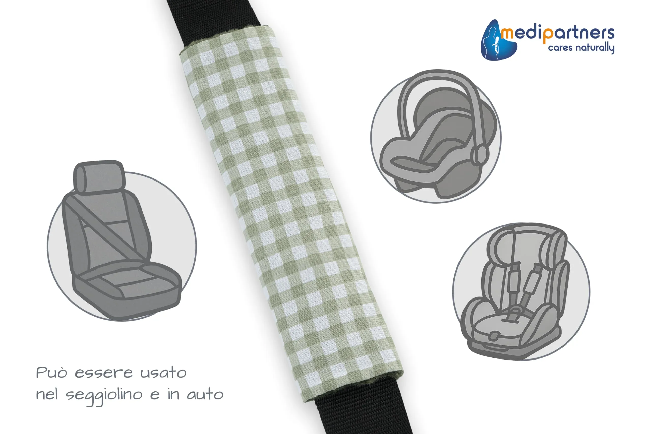 Medi Partners Copri Cintura di Sicurezza 2 Pezzi Auto Copricintura Bambini Car Cuscino 17x22cm 100% Cotone Minky Cinture Kids Copri Seggiolino Protezione (Griglia con Minky oliva) - immagine 4