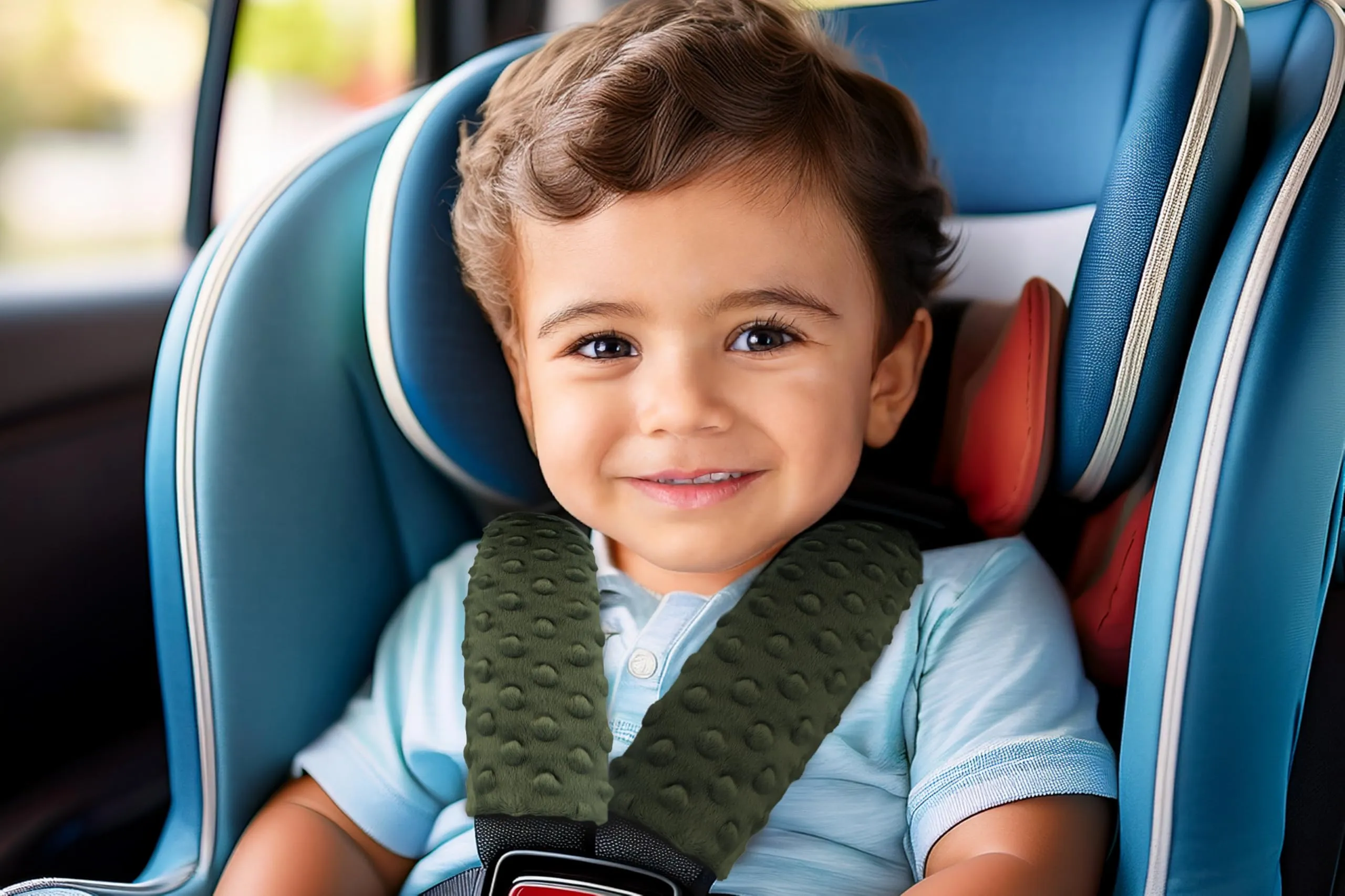Medi Partners Copri Cintura di Sicurezza 2 Pezzi Auto Copricintura Bambini Car Cuscino 17x22cm 100% Cotone Minky Cinture Kids Copri Seggiolino Protezione (Griglia con Minky oliva) - immagine 5