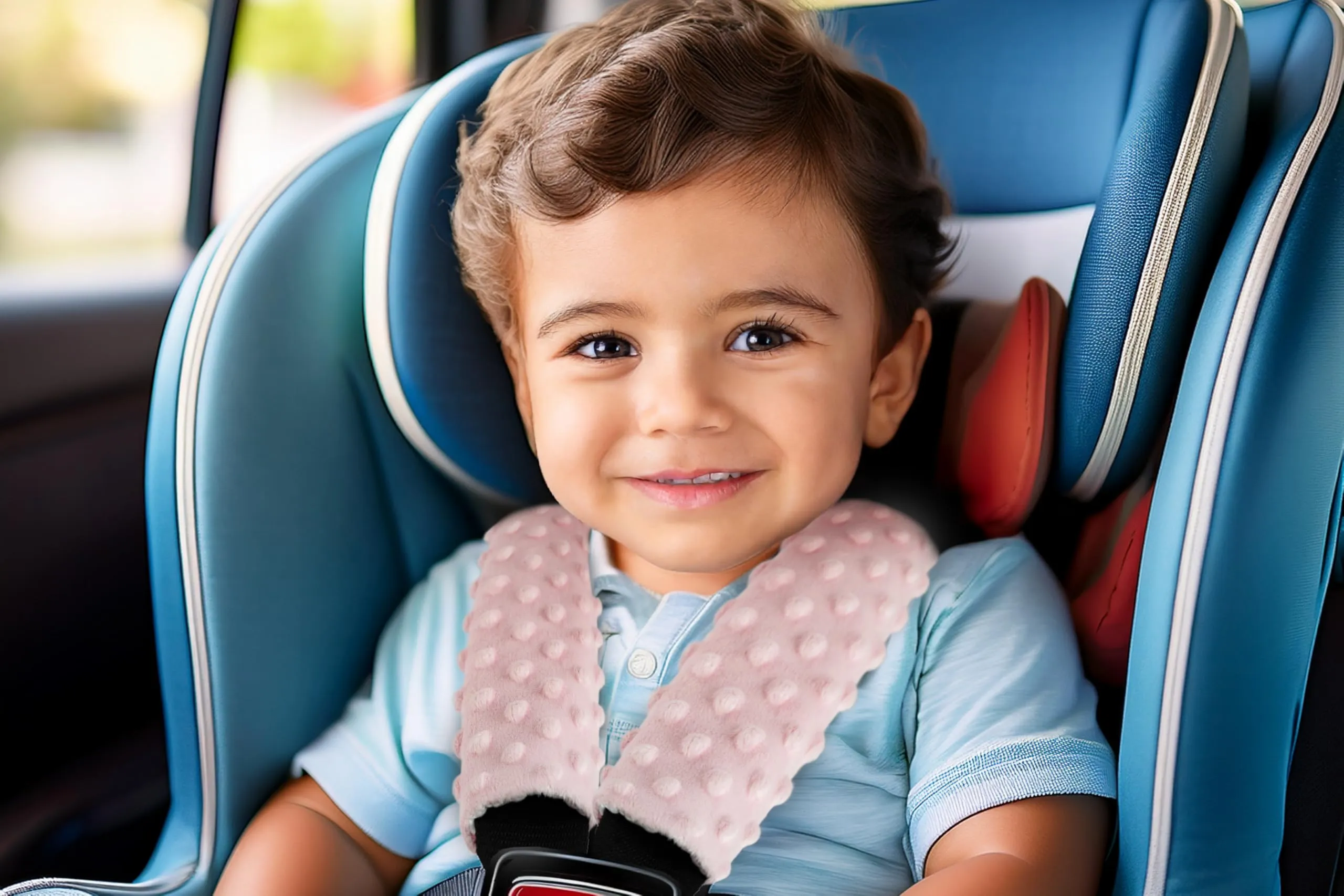 Medi Partners Copri Cintura di Sicurezza 2 Pezzi Auto Copricintura Bambini Car Cuscino 17x22cm 100% Cotone Minky Cinture Kids Copri Seggiolino Protezione (Berry con Minky rosa) - immagine 5