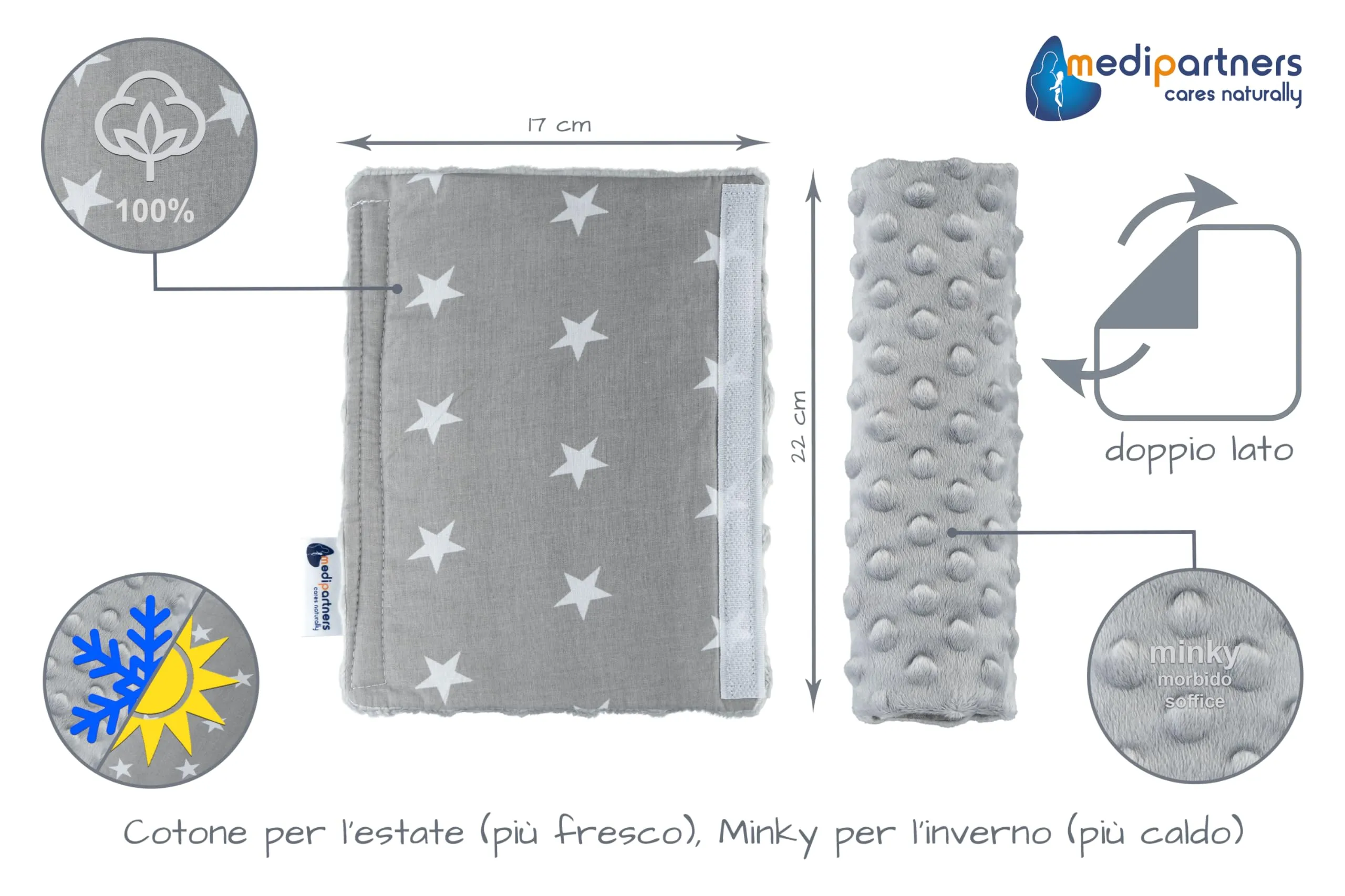 Medi Partners Copri Cintura di Sicurezza 2 Pezzi Auto Copricintura Bambini Car Cuscino 17x22cm 100% Cotone Minky Cinture Kids Copri Seggiolino Protezione (Stelle grigie con grigio Minky) - immagine 3