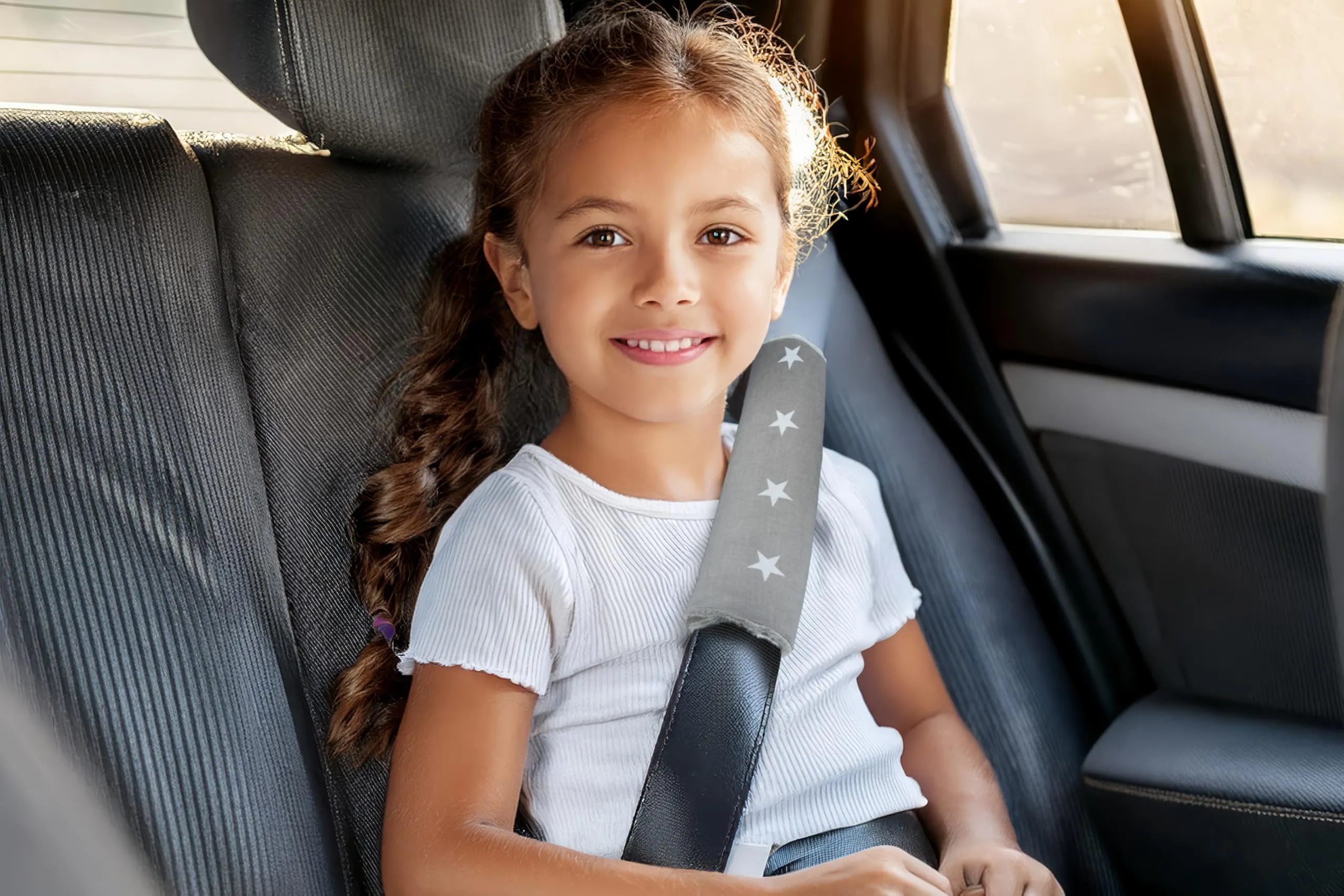 Medi Partners Copri Cintura di Sicurezza 2 Pezzi Auto Copricintura Bambini Car Cuscino 17x22cm 100% Cotone Minky Cinture Kids Copri Seggiolino Protezione (Stelle grigie con grigio Minky) - immagine 6