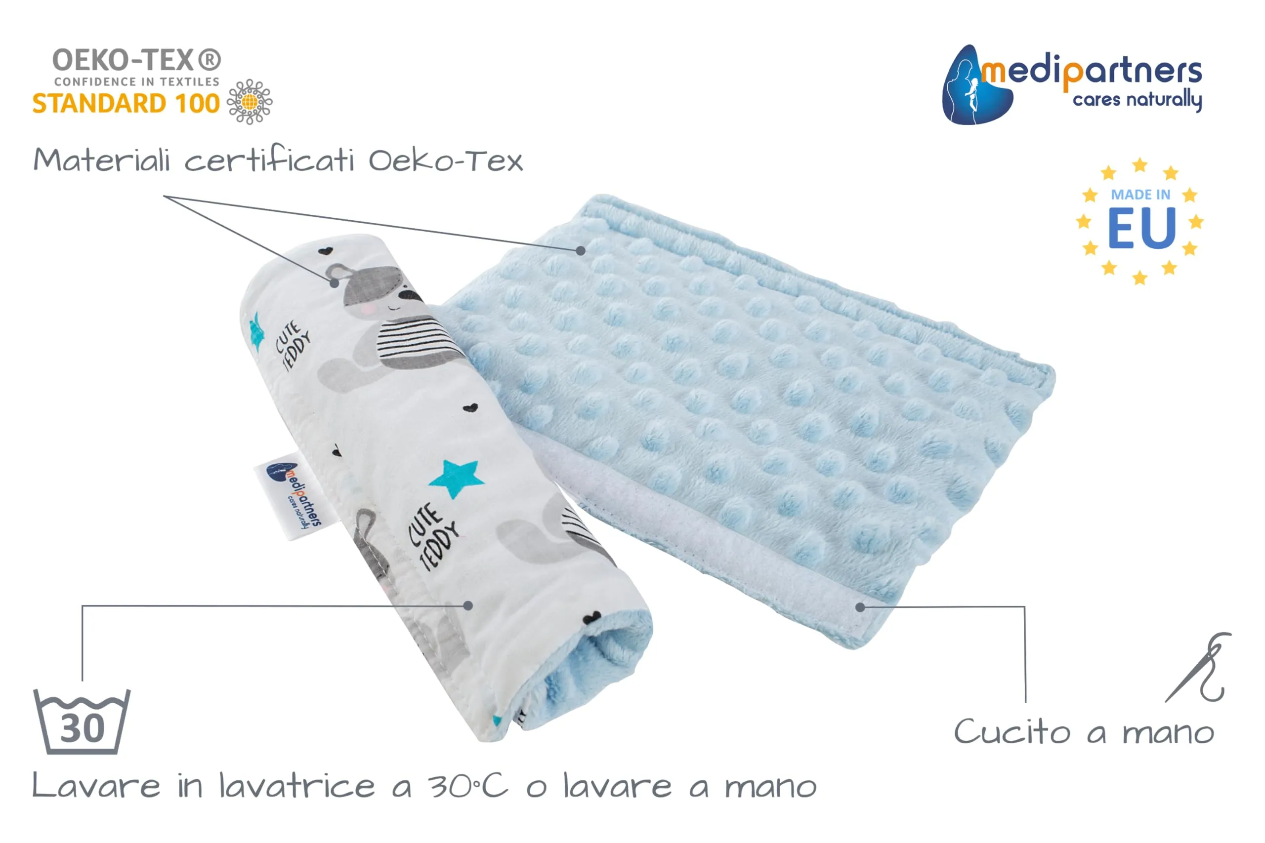 Medi Partners Copri Cintura di Sicurezza 2 Pezzi Auto Copricintura Bambini Car Cuscino 17x22cm 100% Cotone Minky Cinture Kids Copri Seggiolino Protezione (Orsetto di peluche con azzurro Minky) - immagine 2