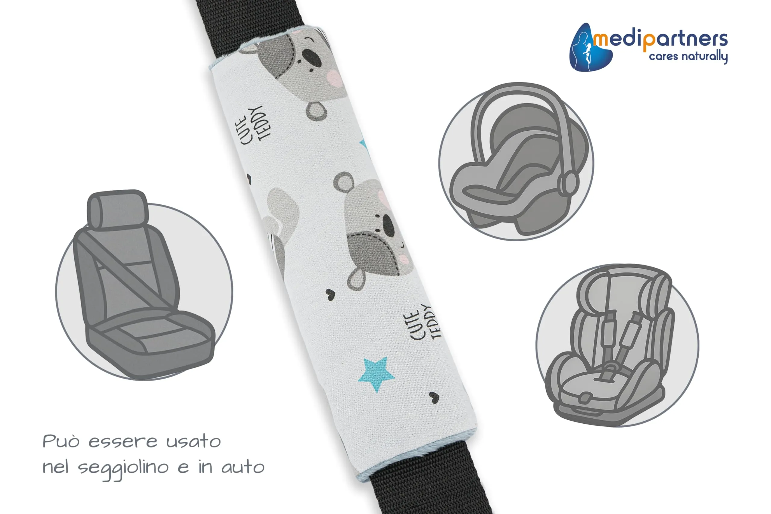 Medi Partners Copri Cintura di Sicurezza 2 Pezzi Auto Copricintura Bambini Car Cuscino 17x22cm 100% Cotone Minky Cinture Kids Copri Seggiolino Protezione (Orsetto di peluche con azzurro Minky) - immagine 4