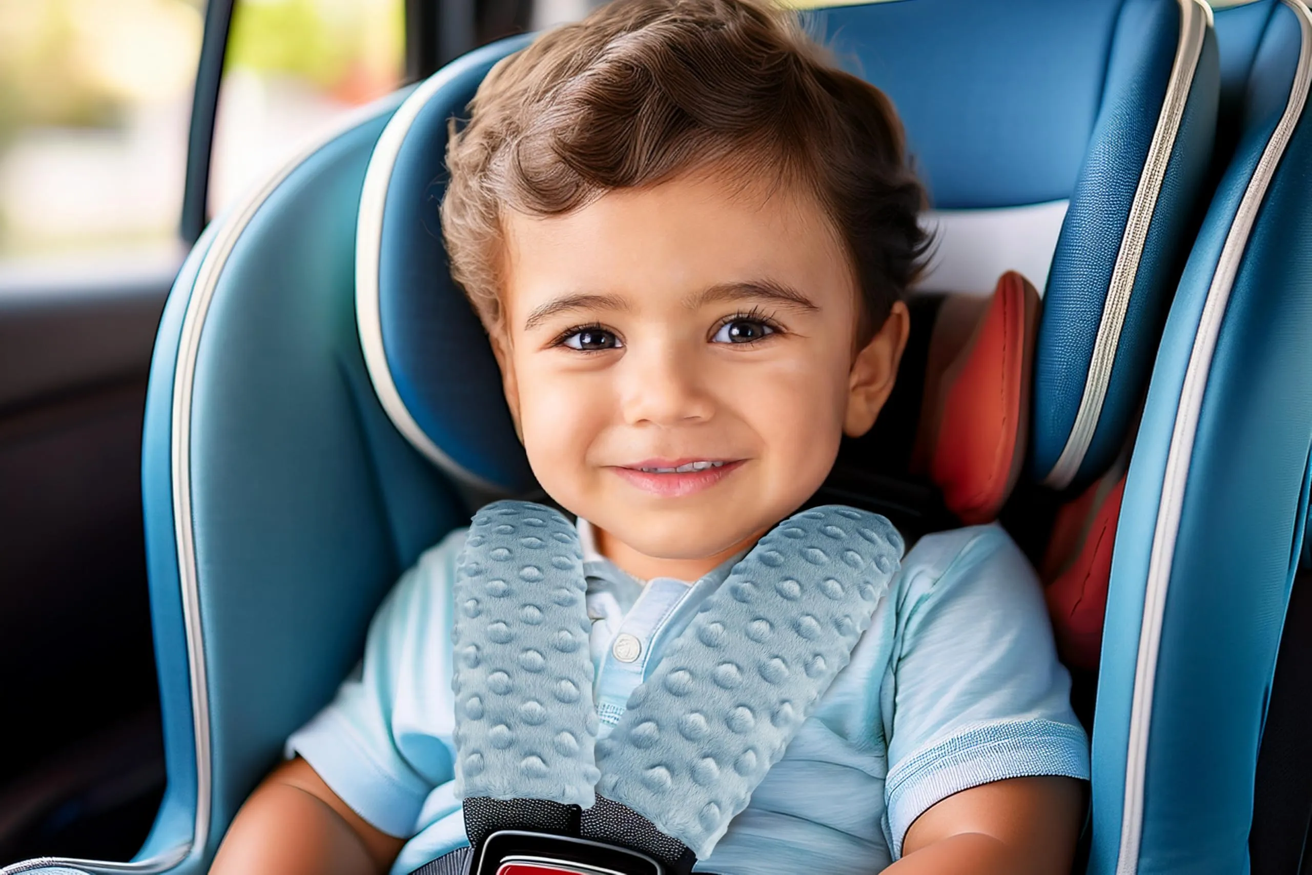Medi Partners Copri Cintura di Sicurezza 2 Pezzi Auto Copricintura Bambini Car Cuscino 17x22cm 100% Cotone Minky Cinture Kids Copri Seggiolino Protezione (Orsetto di peluche con azzurro Minky) - immagine 5